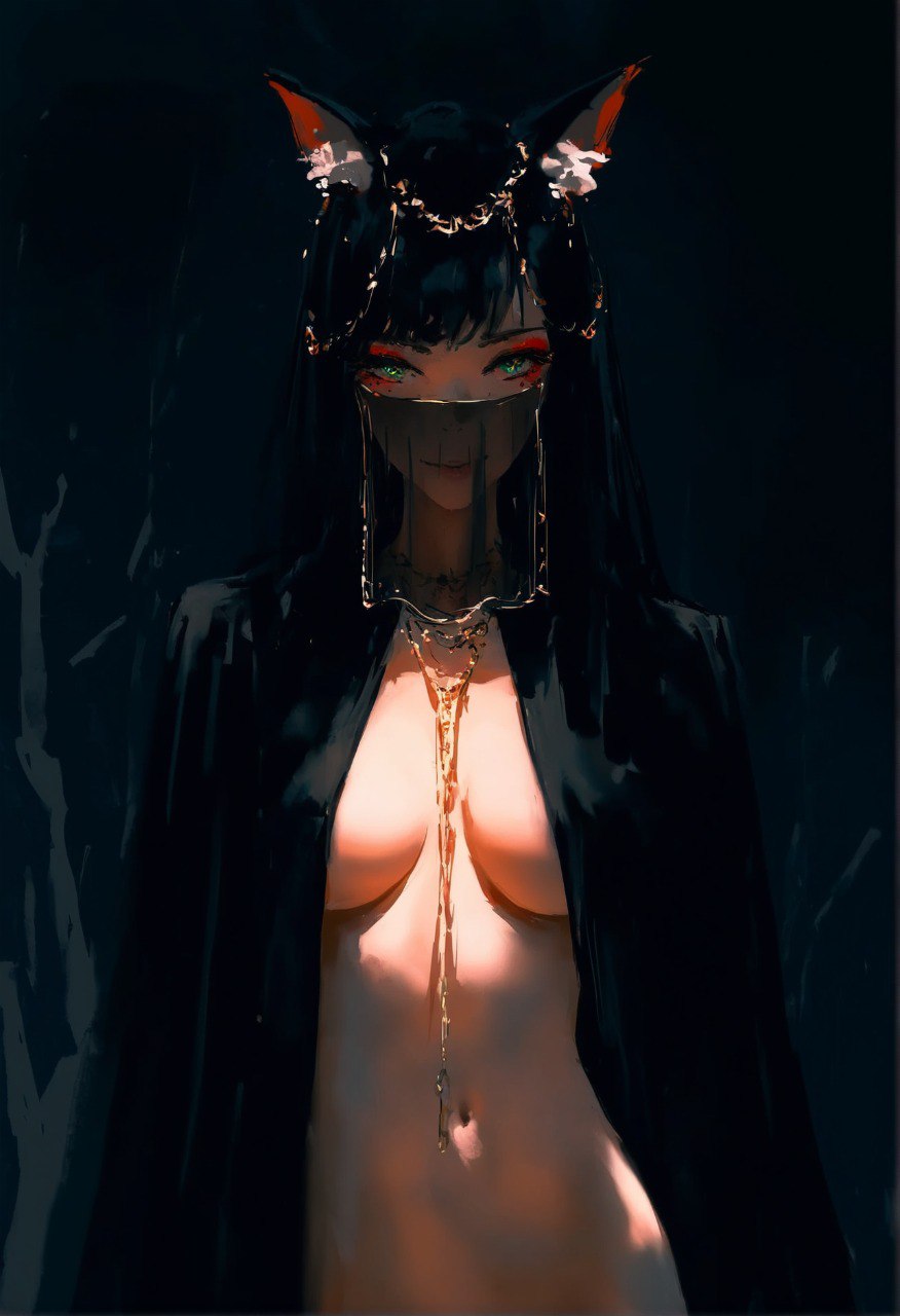 ai_generated animal_ear_fluff animal_ears bangs black_hair breasts breasts_apart eyeliner eyeshadow female fox_ears gloomproject green_eyes jewelry large_breasts long_hair looking_at_viewer makeup medium_breasts mouth_veil navel necklace no_bra reward_available self_upload smile solo upper_body veil