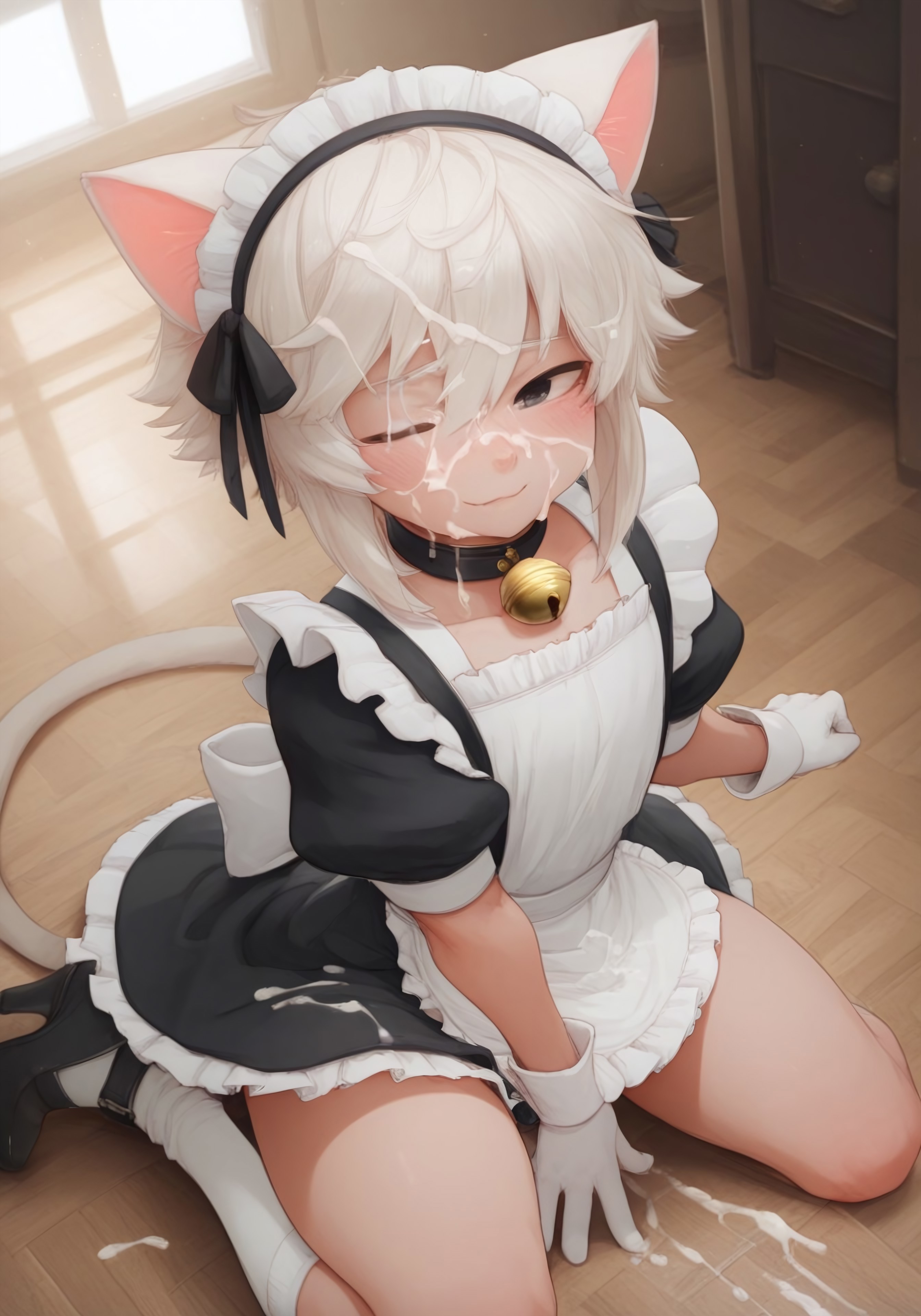 :3, 1boy, ai generated, bell collar, black, black eyes, blush, cat boy, cat ears, cat humanoid, cat tail, catboy, civitai, collar, cum, cum drip, cum on clothes, cum on face, cum on hair, facial, femboy, gloves, hair between eyes, heels, indoors, kneeling, lidded eyes, looking at viewer, maid, maid apron, maid headdress, maid outfit, maid uniform, male, medium hair, one eye closed, original, pov, shortstack, smile, socks, thick thighs, viewed from above, white gloves, white hair, white socks, yercyu