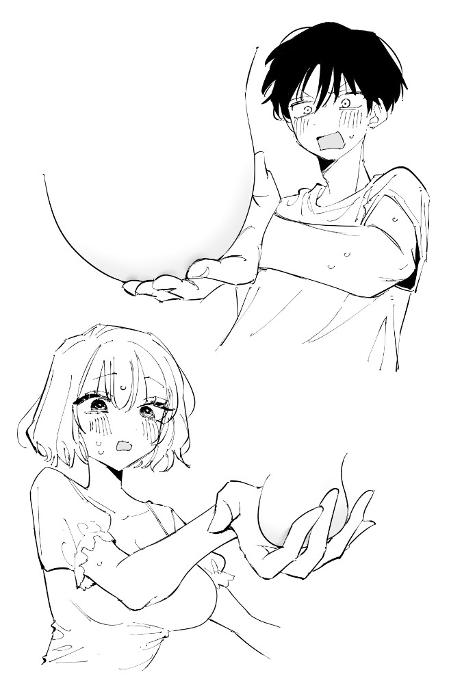 1boy, 1girls, balls, big breasts, blush, both sexes in same situation, breasts, curious, female, holding, male, mmk, nervous, straight, tagme, touching balls, touching breast