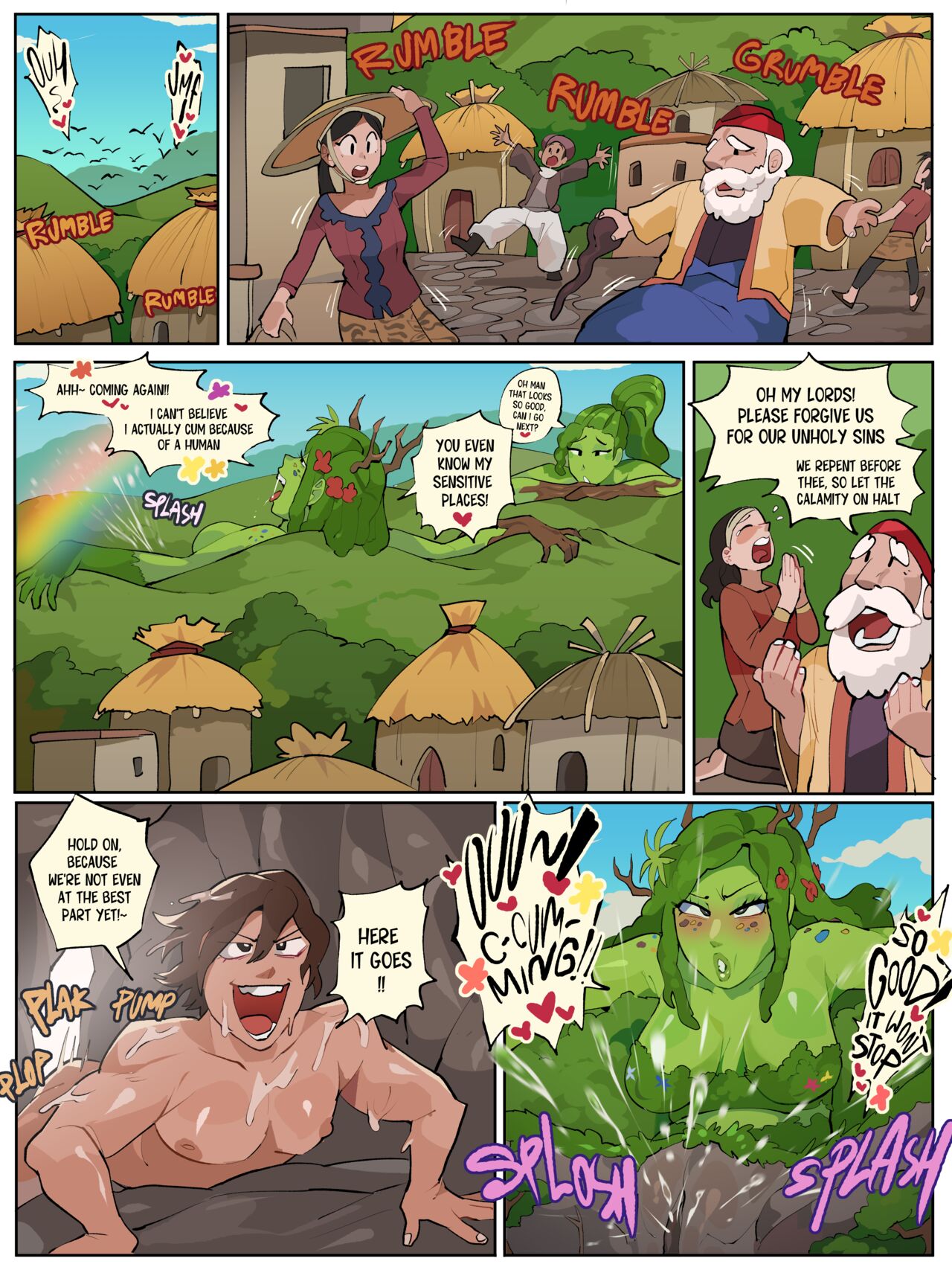 cave pussy, comic page, cumming, differland, diforland, earthquake, extreme size difference, female, giantess, green hair, green skin, mother nature, mountain, mountain girl, mountain woman, original, parody, plant hair, pussy, size difference, text bubble