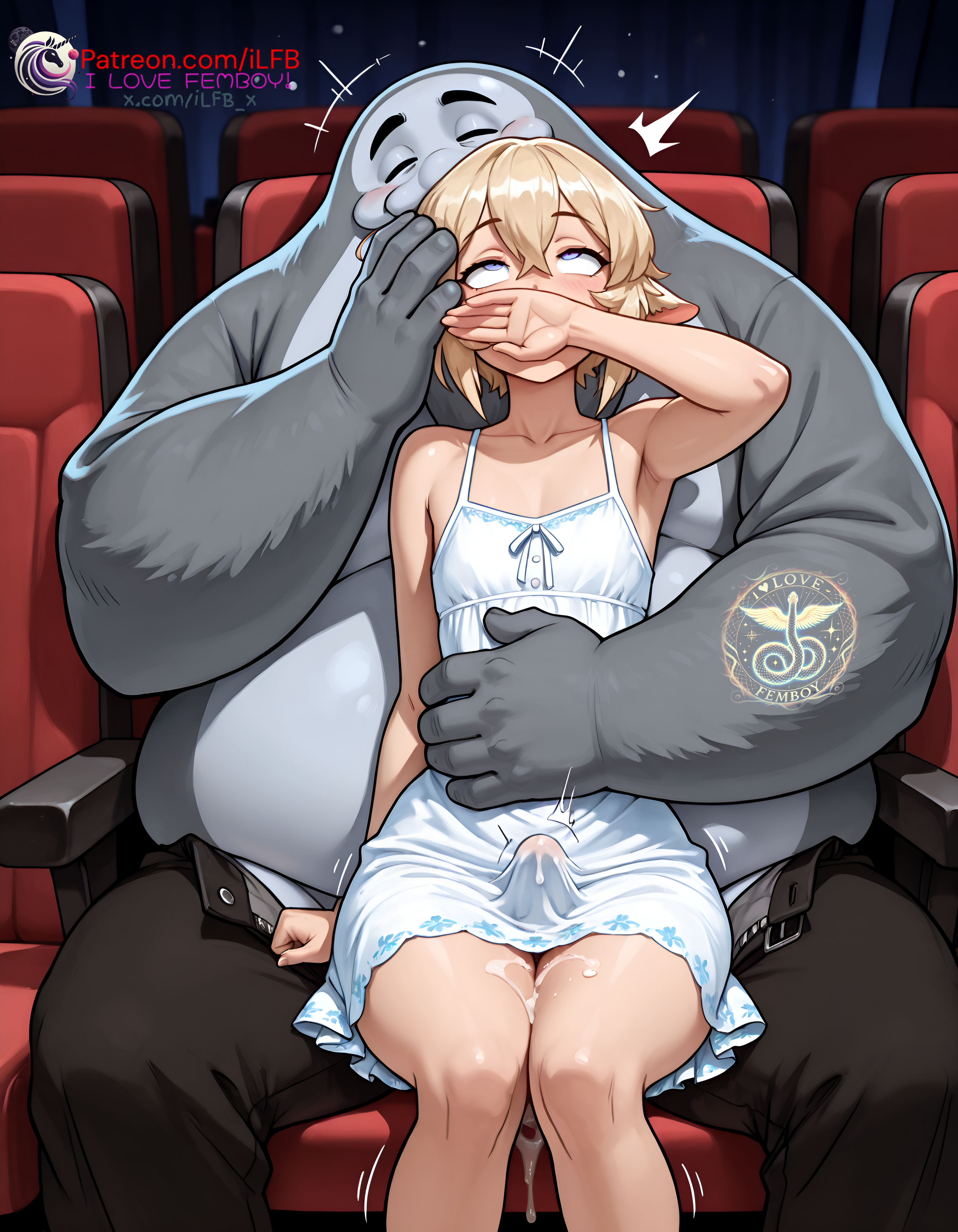 1boy, 1male, abuse, abused, age difference, ai generated, balls, blonde hair, blue eyes, cinema, crossdressing, cum, cum through, cum through clothes, cumshot, daddy, daddy kink, dress, dressed, femboy, flat chest, high resolution, highres, male/male, medium hair, more at source, original, original character, otoko no ko, petite, petite body, petite male, rape, raped by monster, short stack, size difference, skirt, testicles, trap, yaoi, young, younger, younger male