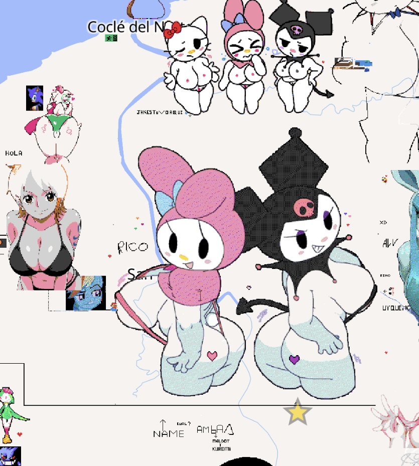 breasts, bunny ears, bunny girl, cassettedream, dream-cassette, female, hoshime, huge breasts, kuromi, multiple females, multiple girls, my melody, pixel art, sanrio, white body, wplace