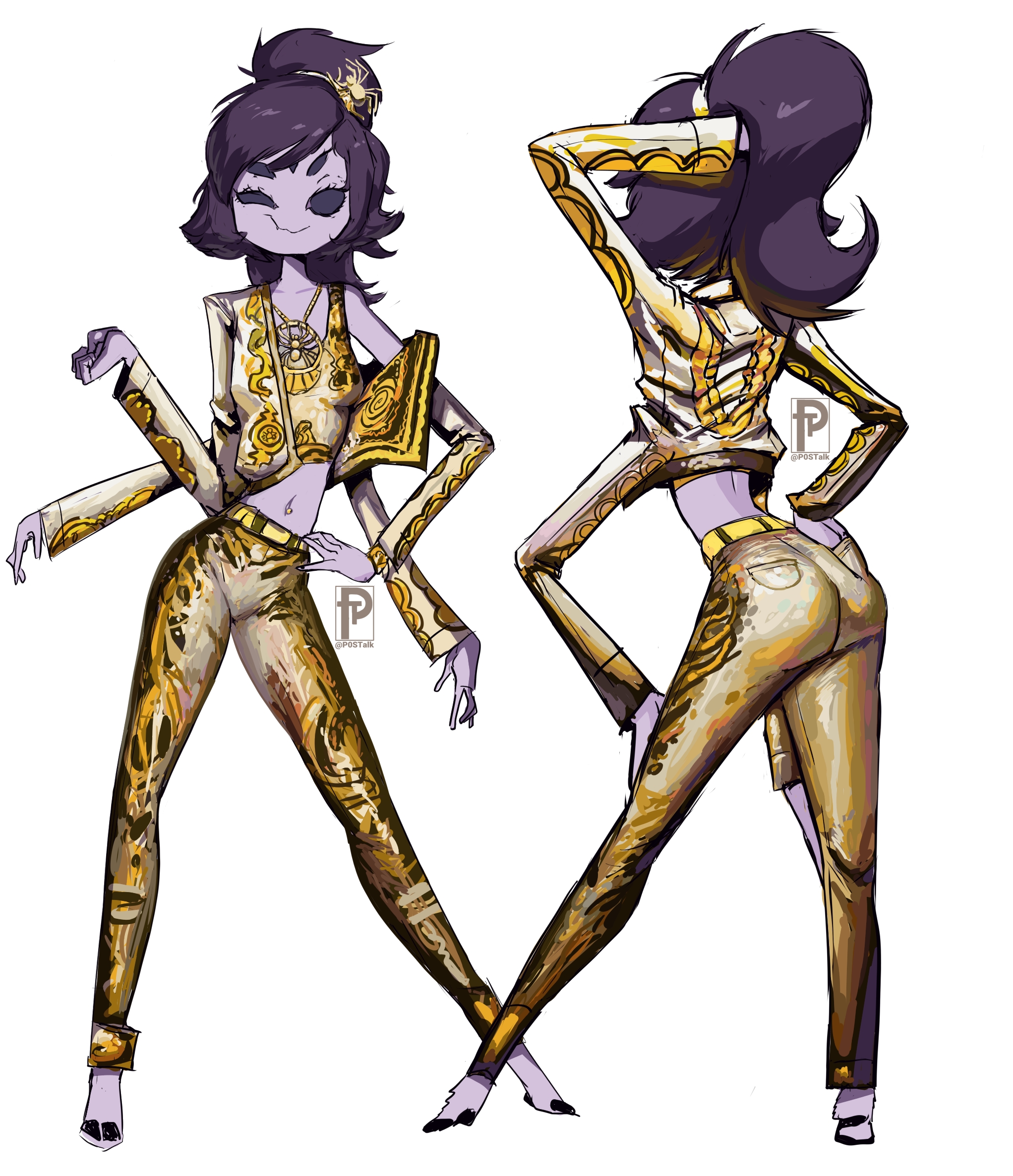 5 eyes, ass visible through clothes, breasts, clothes, clothing, female, gold jewelry, golden clothing, golden necklace, monster girl, muffet, multi eye, necklace, p0stalk, ponytail, simple background, spider, spider girl, tight clothing, undertale, undertale (series), watermark, white background