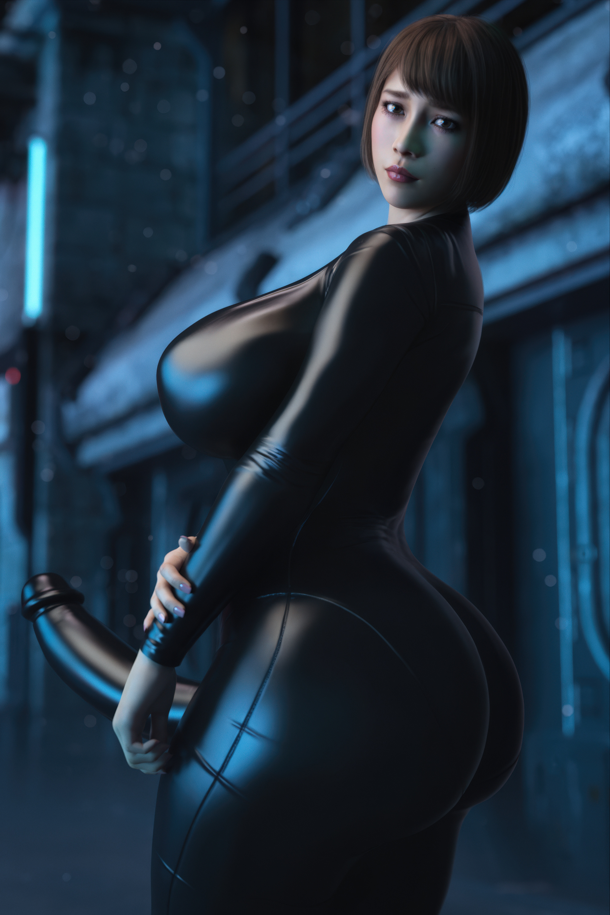 1futa, 3d, asian, asian futa, ass, big ass, big breasts, big penis, bodysuit, breasts, brown hair, casual erection, clothing, cock sleeve, cock sleeve (clothes), condom suit, futa only, futanari, genitalwear, huge ass, human, intersex, leather clothing, light skin, light-skinned futa, like a dragon (series), lipstick, pale skin, penis, red lipstick, ryuu ga gotoku, saeko mukouda, short hair, solo, stevencarson, thick ass, thick thighs, tight clothing, yakuza (series)