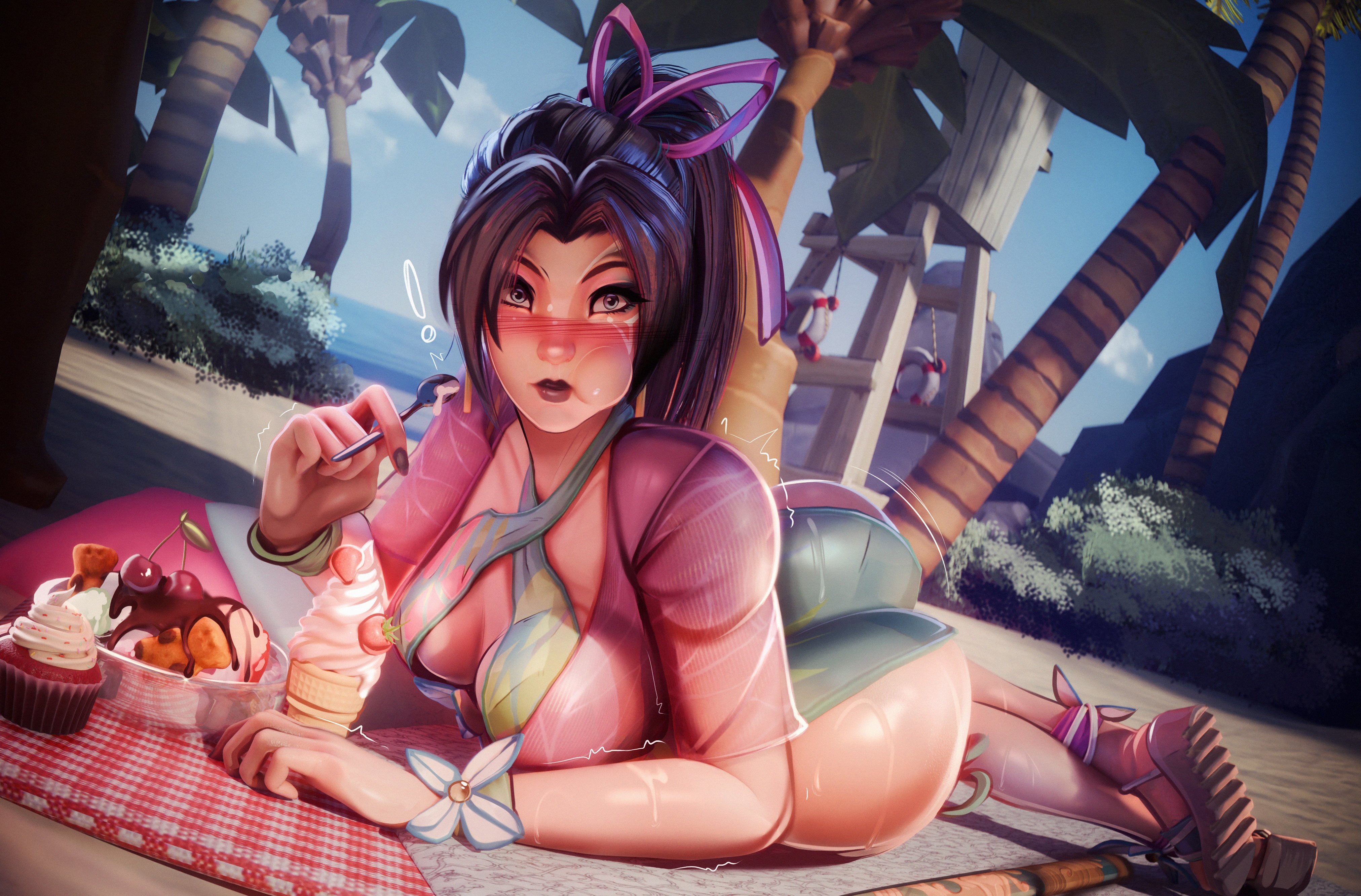 1girls, 3d, asian female, ass, ass focus, beach, beach background, beach towel, bikini, black hair, blue eyes, blush, blush lines, blushing at viewer, breasts, bubble ass, bubble butt, butt focus, eating, eating food, feet, female, female focus, female only, firm ass, high heels, ice cream, japanese female, large ass, large butt, legs, legs together, lips, long hair, marvel, marvel rivals, medium breasts, ponytail, psylocke, psylocke (marvel rivals), psylocke (sai) (breezy butterfly), sand, sandals, swimsuit, swimwear, tied hair, very long hair, vexx1ka, wedge heels
