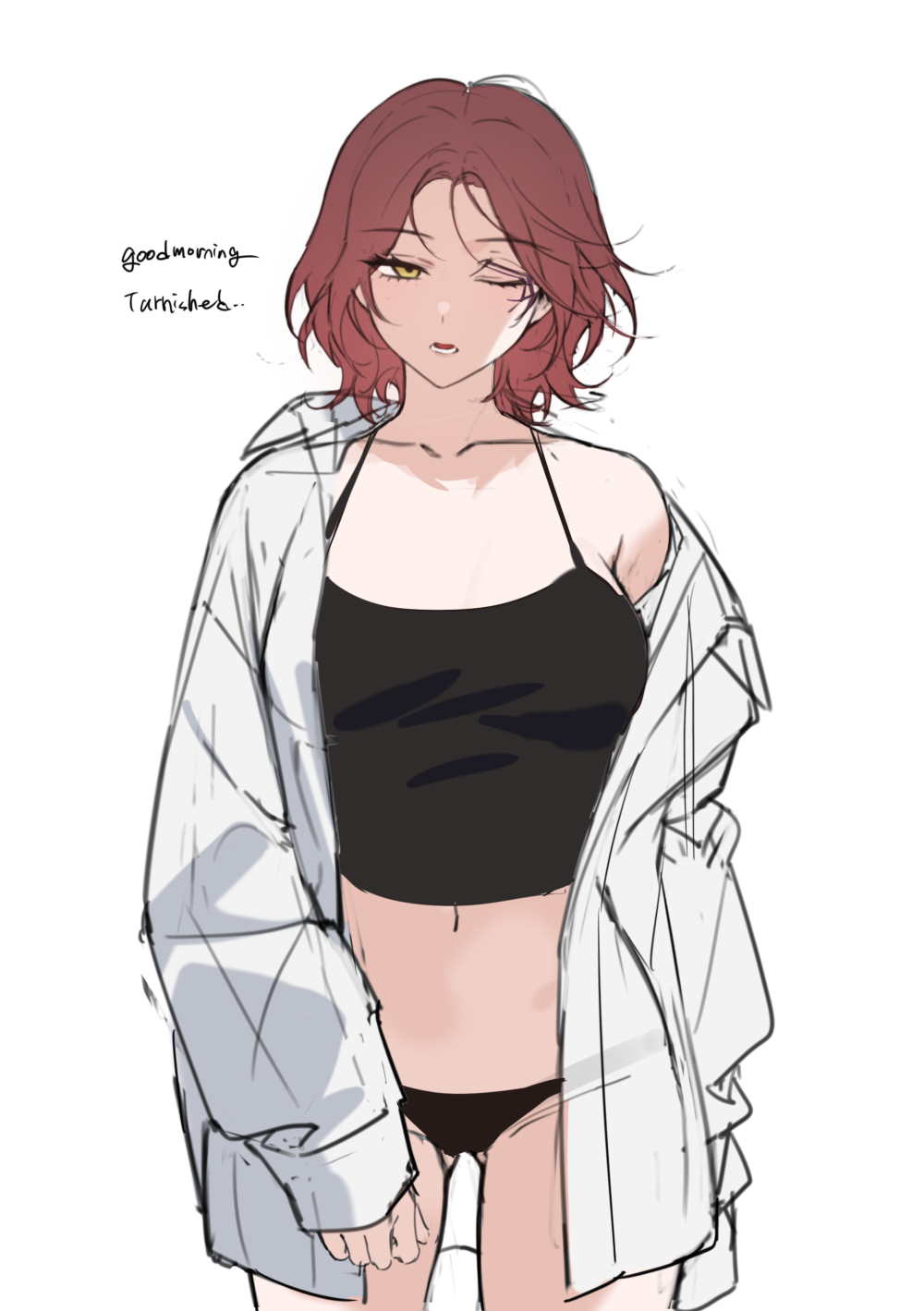 1girls, bechu, breasts, brown hair, elden ring, female, fromsoftware, gold eyes, looking at viewer, medium hair, melina (elden ring), modern au, navel, one eye closed, oversized shirt, sketch, stomach, thighs, underwear, white shirt, yellow eyes
