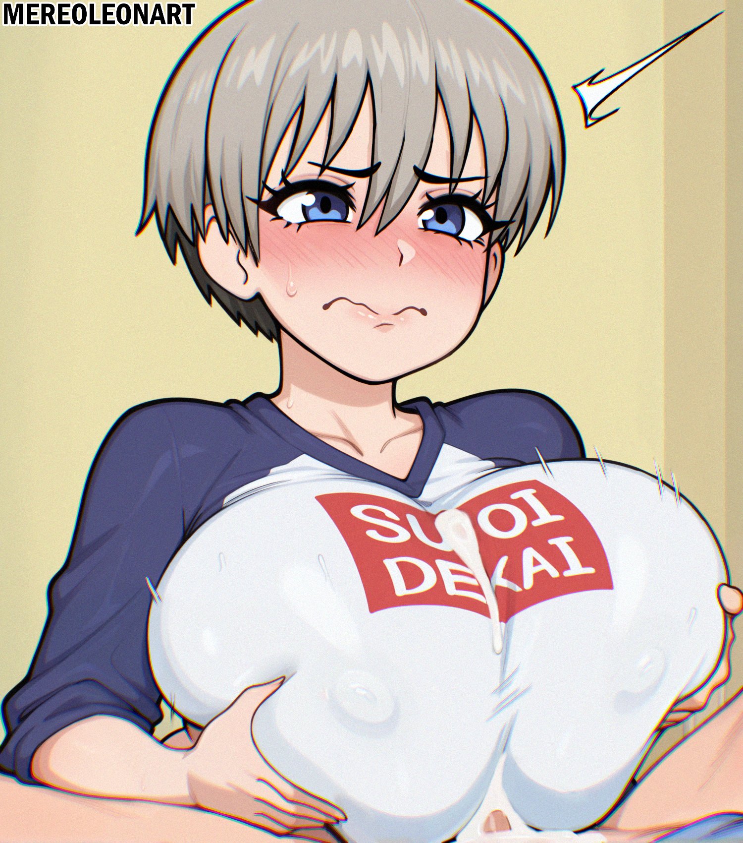 1boy, 1girls, ai generated, blue eyes, breasts, clothed female nude male, cum under clothes, female, huge breasts, light skin, light-skinned female, male, male pov, mereoleonart, paizuri, paizuri under clothes, penis, pov, short hair, titjob, uncensored, uzaki hana, uzaki-chan wa asobitai!, white hair