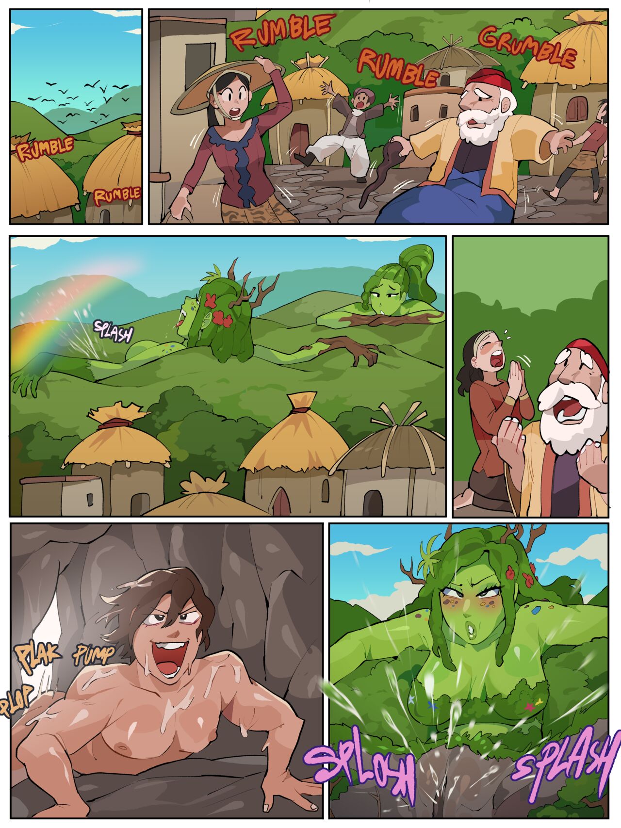 alternate version available, cave pussy, comic page, cumming, differland, diforland, earthquake, extreme size difference, female, giantess, green hair, green skin, monster girl, mother nature, mountain, mountain girl, mountain woman, no text version, original, parody, plant hair, public domain, pussy, size difference