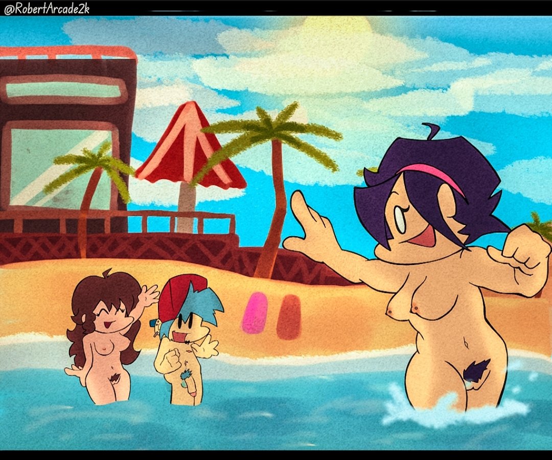 1boy 2d 2girls alternate_version_at_source asian_female auburn_hair beach black_hair blue_balls blue_hair boyfriend_(friday_night_funkin) dark_blue_hair female friday_night_funkin girlfriend_(friday_night_funkin) hairy_pussy male nene_(newgrounds) newgrounds nude nude_beach nudist_beach ocean pico's_school pubic_hair robertarcade standing_in_water tasteful_nudity