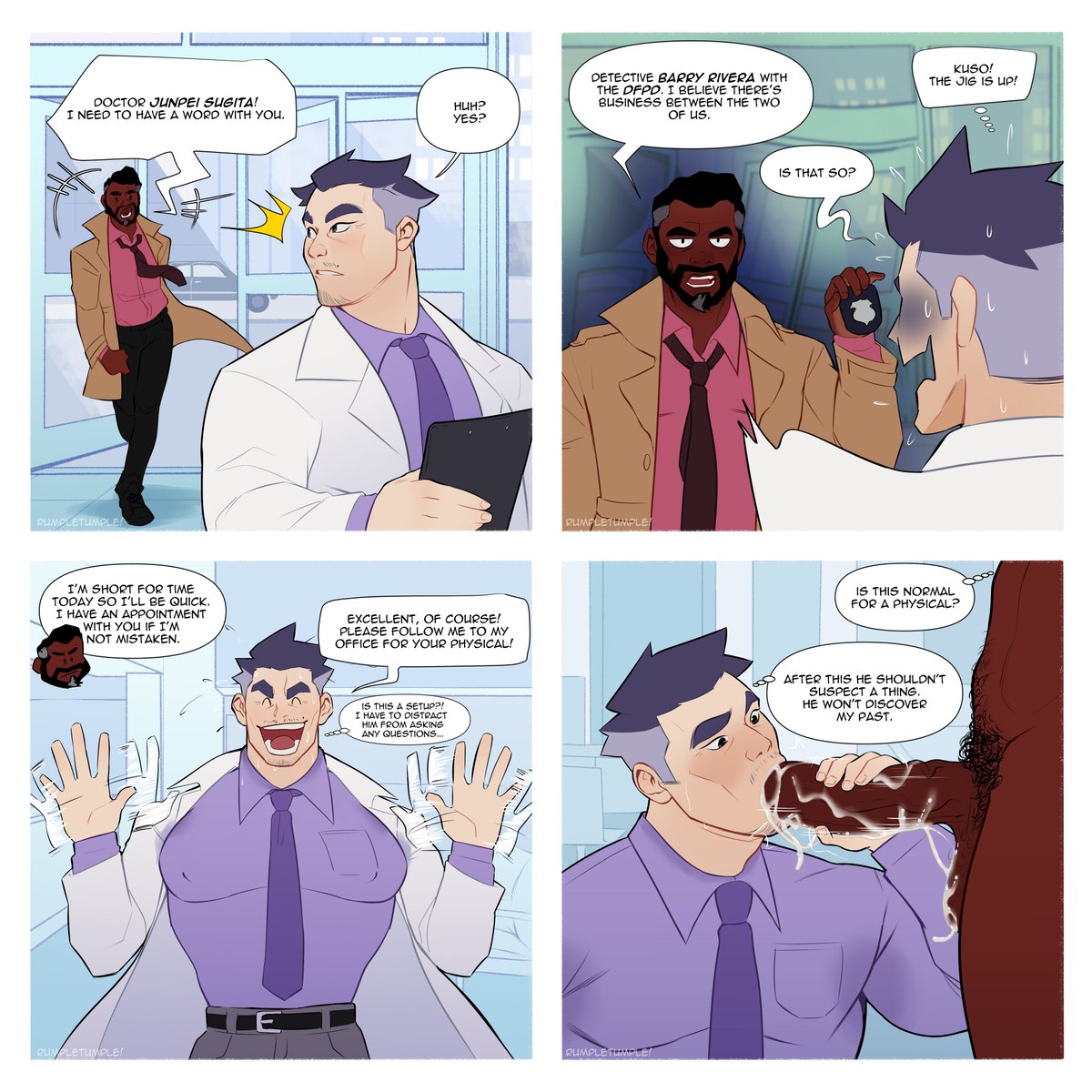 beard big_cock big_fick big_penis blowjob character_request comic cum cum_in_mouth dark dark-skinned_male dialogue distracted_sex gay huge_cock interracial interracial_sex long_penis male male/male male_only muscular muscular_male oral oral_sex rumpletumple1 sucking sucking_penis