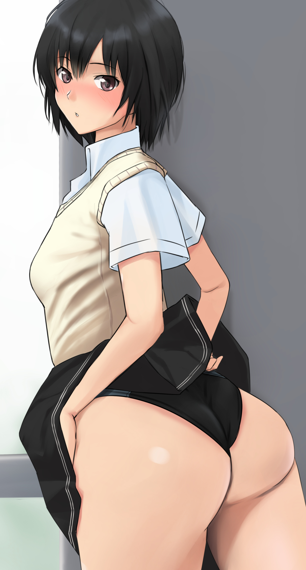 amagami, ass, beautiful, black hair, blush, breasts, brown eyes, butt, clothes lift, commentary, female, highleg, highres, indoors, japanese girl, lifting own clothes, looking at viewer, looking to the side, nanasaki ai, nice ass, parted lips, presenting, presenting ass, school uniform, schoolgirl, shadow, short hair, skirt, skirt lift, small breasts, swimsuit, swimsuit under clothes, thighs, window, yoo tenchi