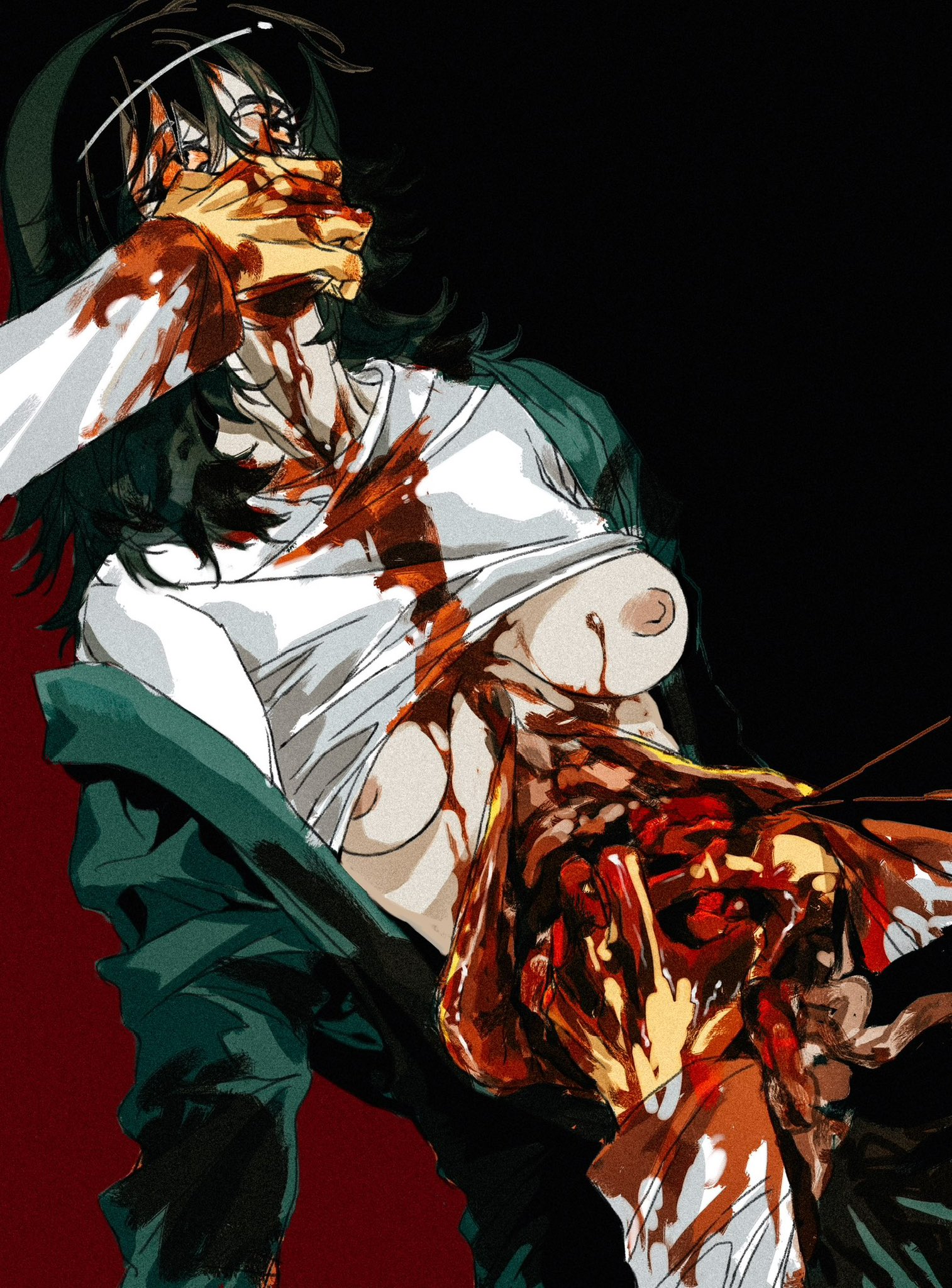 anya (mouthwashing), boobs out, breasts, corpse, cut open, dead, death, female, female death, gore, guro, gutspill, hand covering mouth, intestines, jimmy (mouthwashing), mostly clothed, mostly offscreen character, mouthwashing, offscreen character, organs