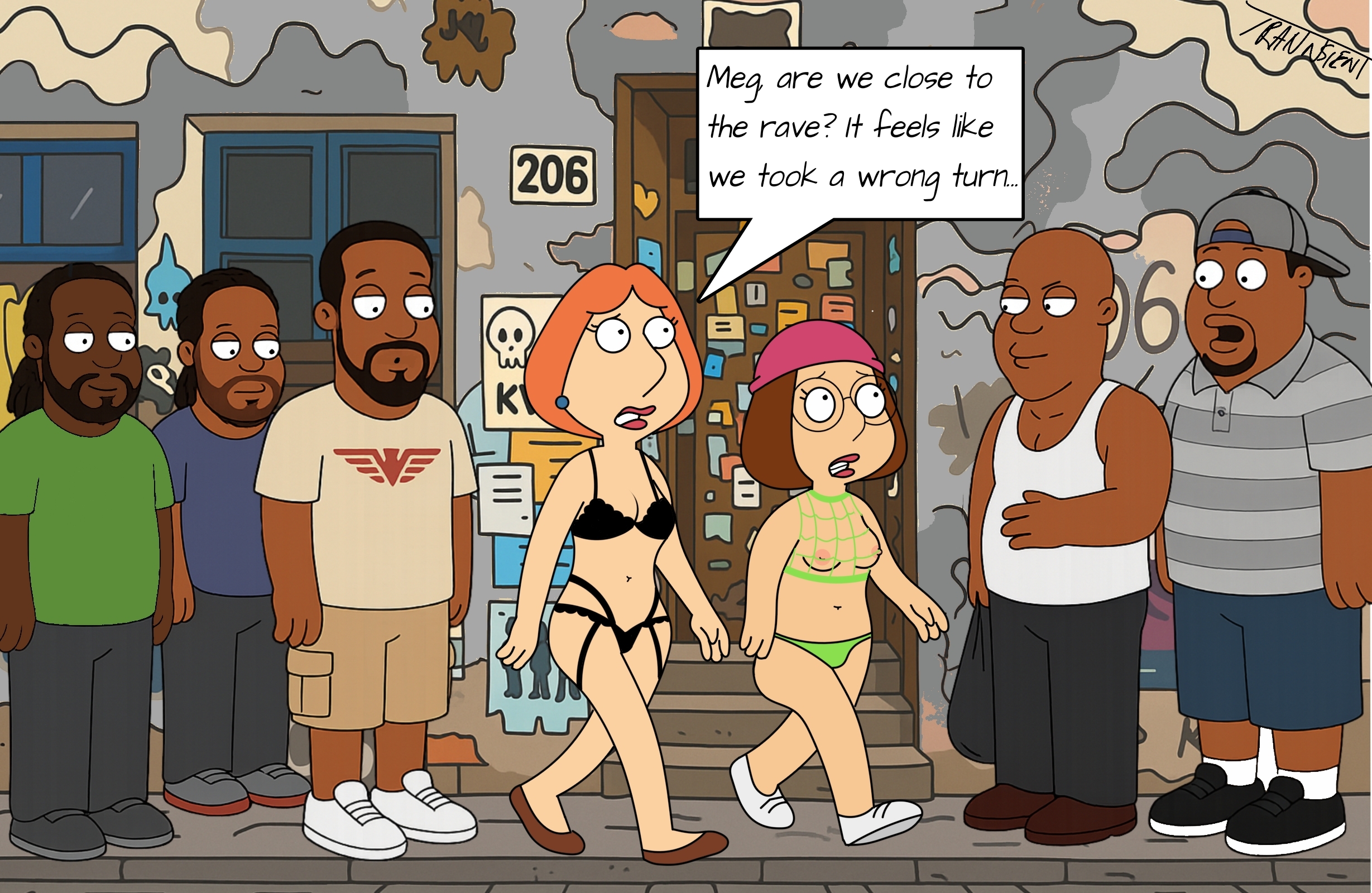 2d, 2girls, 5boys, accurate art style, black bra, black panties, breasts, dark skin, dark-skinned male, embarrassed, family guy, female, ghetto, green panties, imminent rape, imminent sex, large breasts, light skin, light-skinned female, lingerie, lois griffin, male, meg griffin, nervous, net shirt, no bra, no sex, onlookers, pale skin, pale-skinned female, pink hat, practically nude, public, public nudity, rave, run down building, small breasts, street, trannsient, underwear