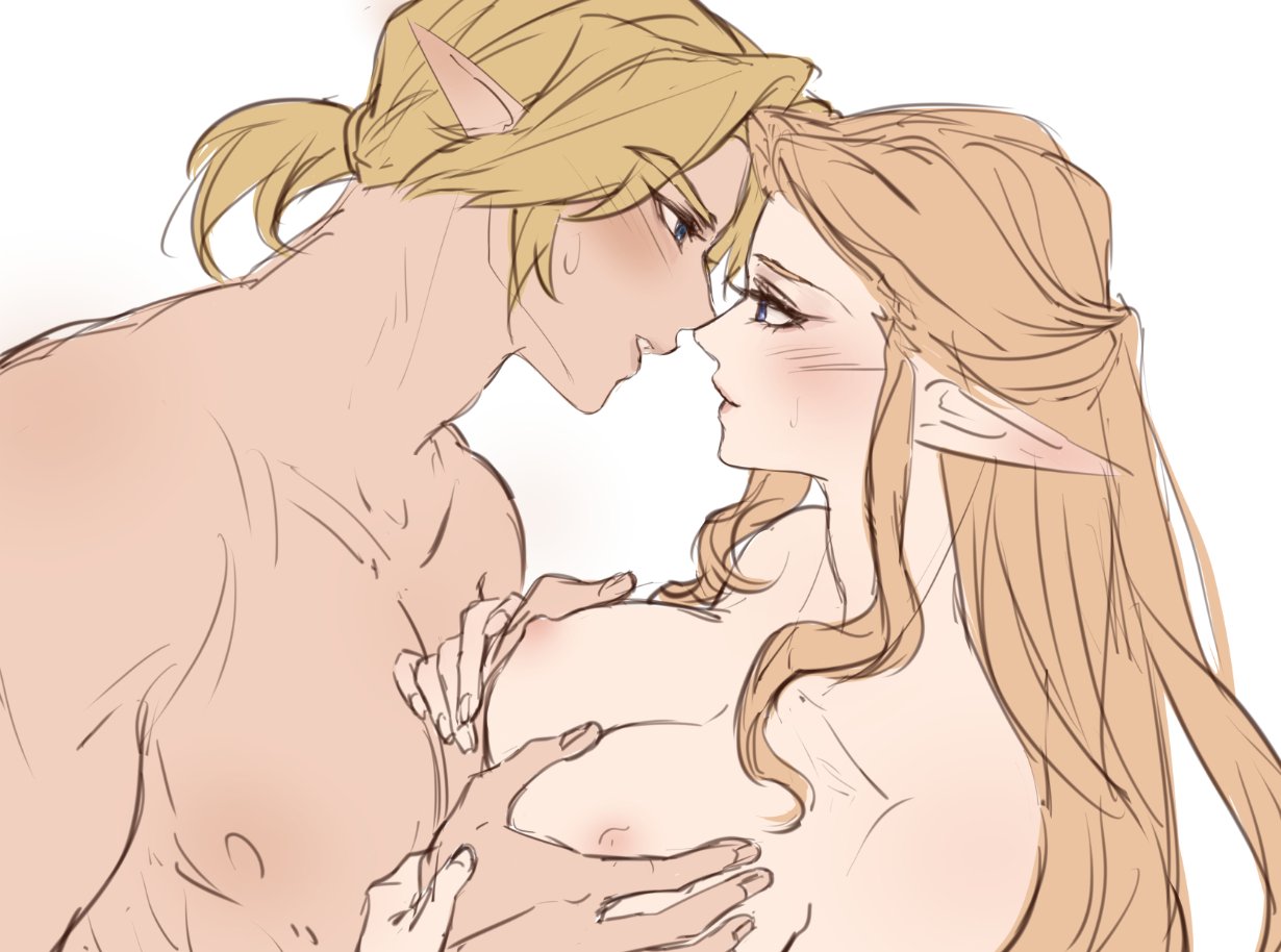 1boy blush breasts female grabbing_another's_breast groping hands_on_another's_cheeks hands_on_another's_face imminent_kiss kara5u_l kurokawa_karasu link long_hair looking_at_another low_ponytail medium_breasts medium_hair nude parted_bangs parted_lips pointy_ears ponytail princess_zelda sidelocks straight sweat the_legend_of_zelda the_legend_of_zelda:_ocarina_of_time upper_body white_background wholesome zelda_(ocarina_of_time) 黒川karasu