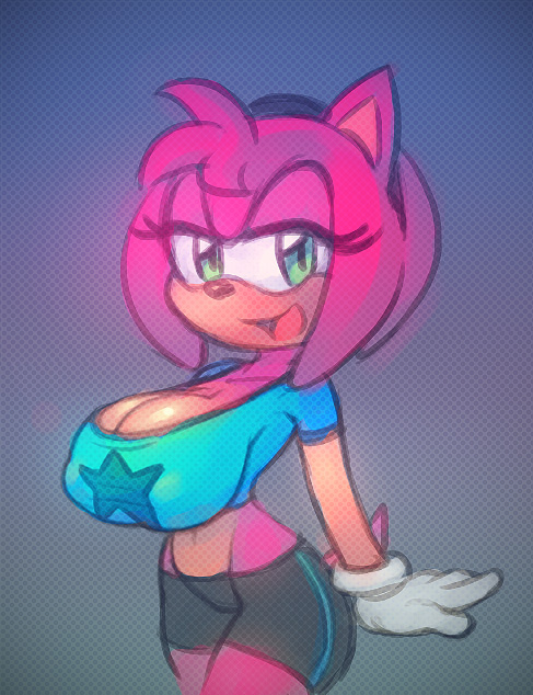 1girls, amy rose, bedroom eyes, bimbo, breasts, busty, cleavage, eulipotyphlan, eyelashes, female, female focus, female only, gloves, green eyes, halftone, headband, hedgehog, hourglass figure, huge breasts, looking at viewer, mascara, navel, nipple bulge, nitro, no bra, pink fur, presenting, sega, shirt, shorts, sonic (series), sonic the hedgehog (series), voluptuous