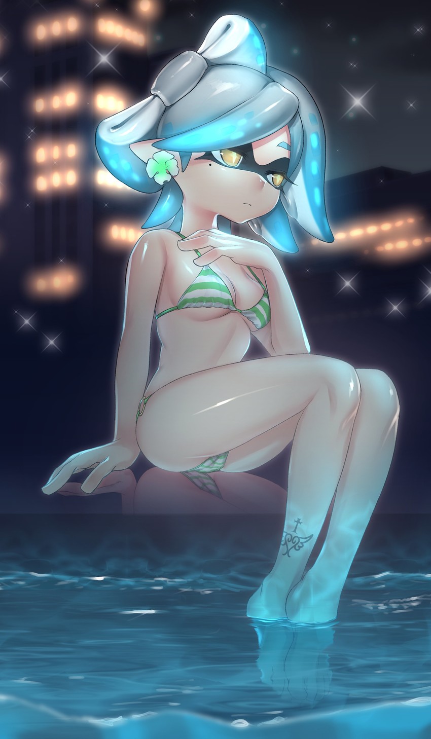 animal humanoid, anthro, beauty mark, bikini, bioluminescence, blue hair, breasts, cephalopod, cephalopod humanoid, color, earrings, feet, female, female only, frown, grey hair, humanoid, inkling, marie (splatoon), mask (marking), medium breasts, nintendo, pointy ears, pseudo hair, punchiman, short hair, silver hair, solo, splatoon, splatoon (series), squid, squid sisters, tattoo, tentacle, tentacle hair, water, yellow eyes
