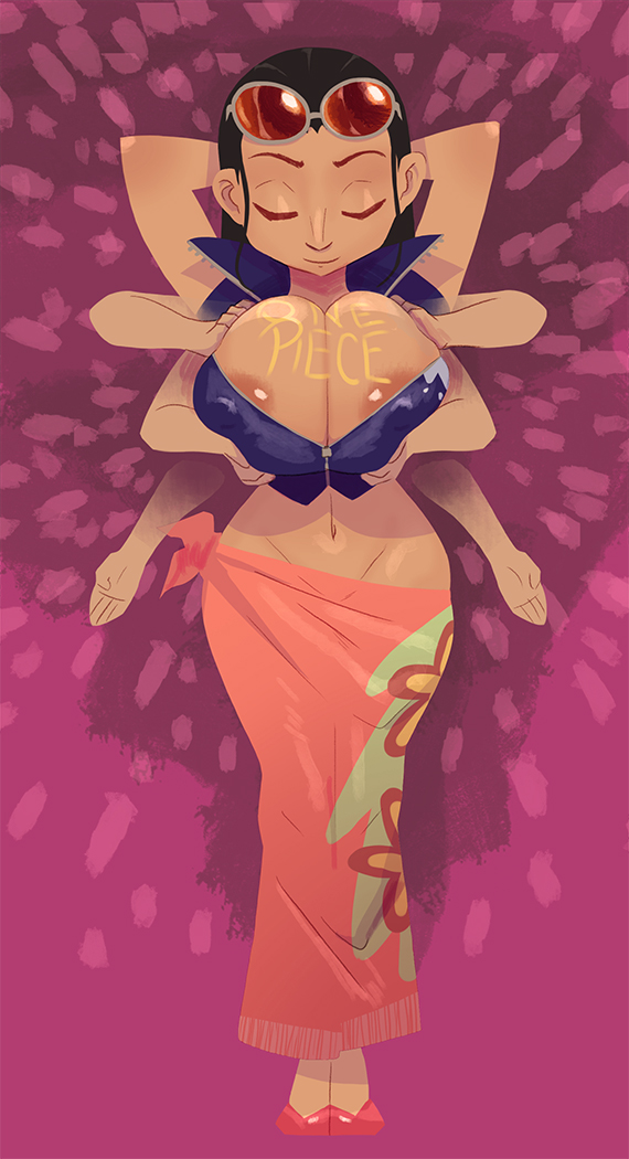 1girls, akuma no mi, breasts, carmessi, curvy, dark hair, female, female only, hana hana no mi, multi arm, multi limb, navel, nico robin, one piece, sarong, solo, sunglasses