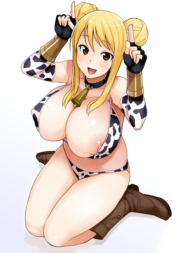 1girls alternate_breast_size areolae big_breasts bikini blonde_hair blush boots bovine breasts brown_eyes cleavage cow_print erect_nipples fairy_tail female female_only finger_horns gloves huge_breasts large_breasts long_hair looking_at_viewer lucy_heartfilia nipple_slip nipples open_mouth shounen_jump sitting smile solo tamagoro tamagoroo_(funifuni_labo)