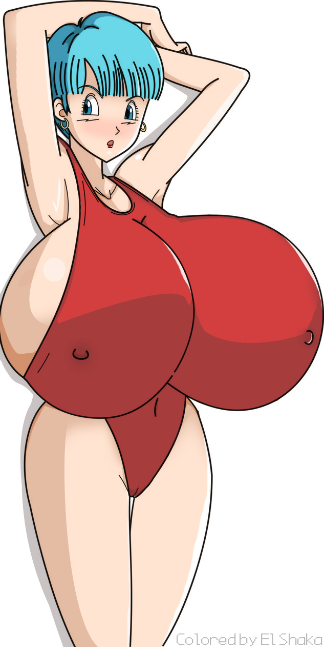 blue_eyes blue_hair blush bulma_briefs dragon_ball dragon_ball_z el_shaka erect_nipples gigantic_breasts swimsuit toshiso