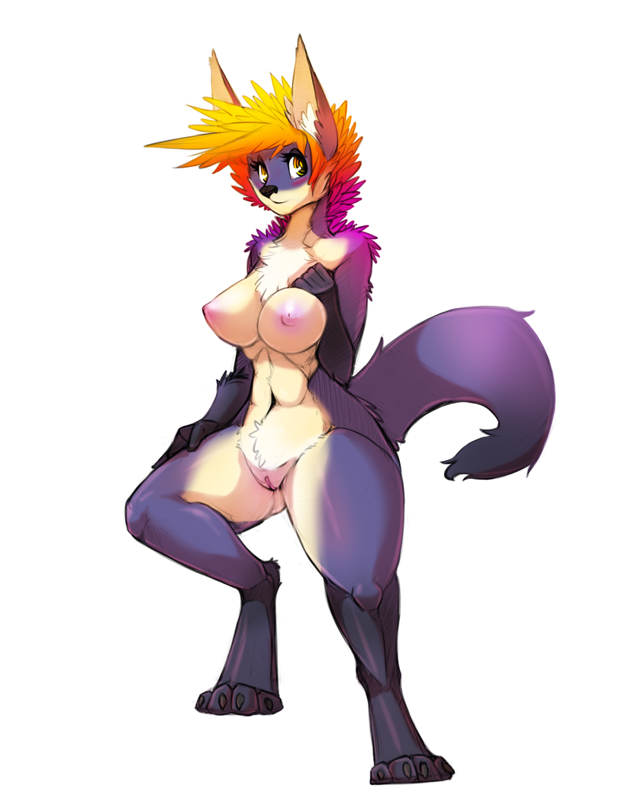 anthro breasts canine digitigrade female fox fur hair mammal multicolored_hair nude purple_fur pussy simple_background solo watsup white_background