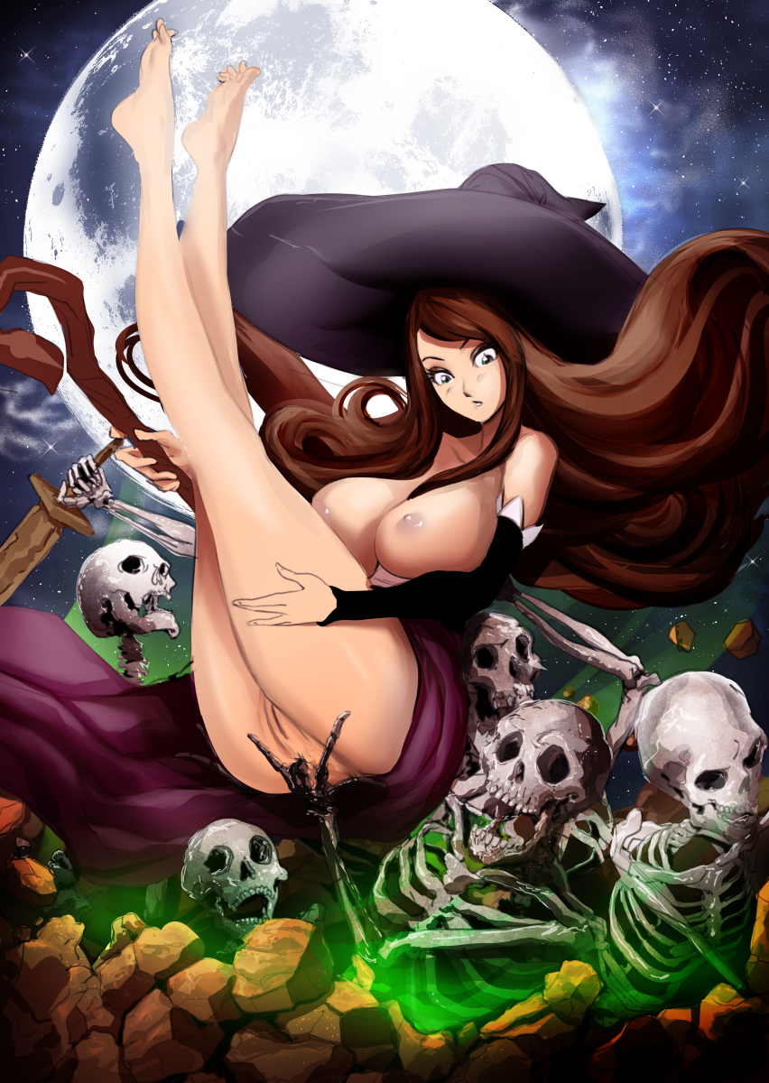 1girls, anal fingering, anus, areolae, ass, barefoot, blush, breasts, brown hair, cherry-gig, dragon's crown, female, legs up, long hair, moon, nipples, no panties, pussy, skeleton, sorceress (dragon's crown), sword, uncensored, undead, witch hat