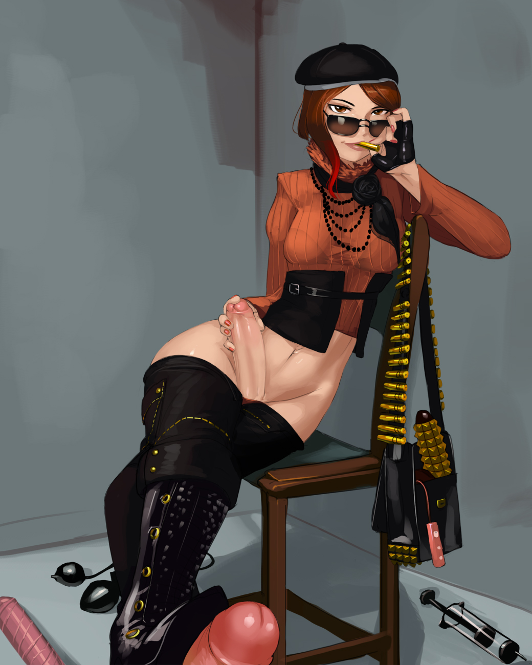 1futa, aka6, beret, boot fetish, bootjob, boots, brown eyes, brown hair, brown-tinted eyewear, coco adel, crossed legs, dickgirl, erection, footjob, futa only, futanari, gianduja (rwby), intersex, large penis, light skin, light-skinned futa, looking at viewer, looking over eyewear, looking over glasses, looking over sunglasses, mouth hold, multiple penises, navel, penis, pov, rwby, sex toys, short hair, sitting, solo, solo futa, sunglasses, sweater, tinted eyewear, uncensored