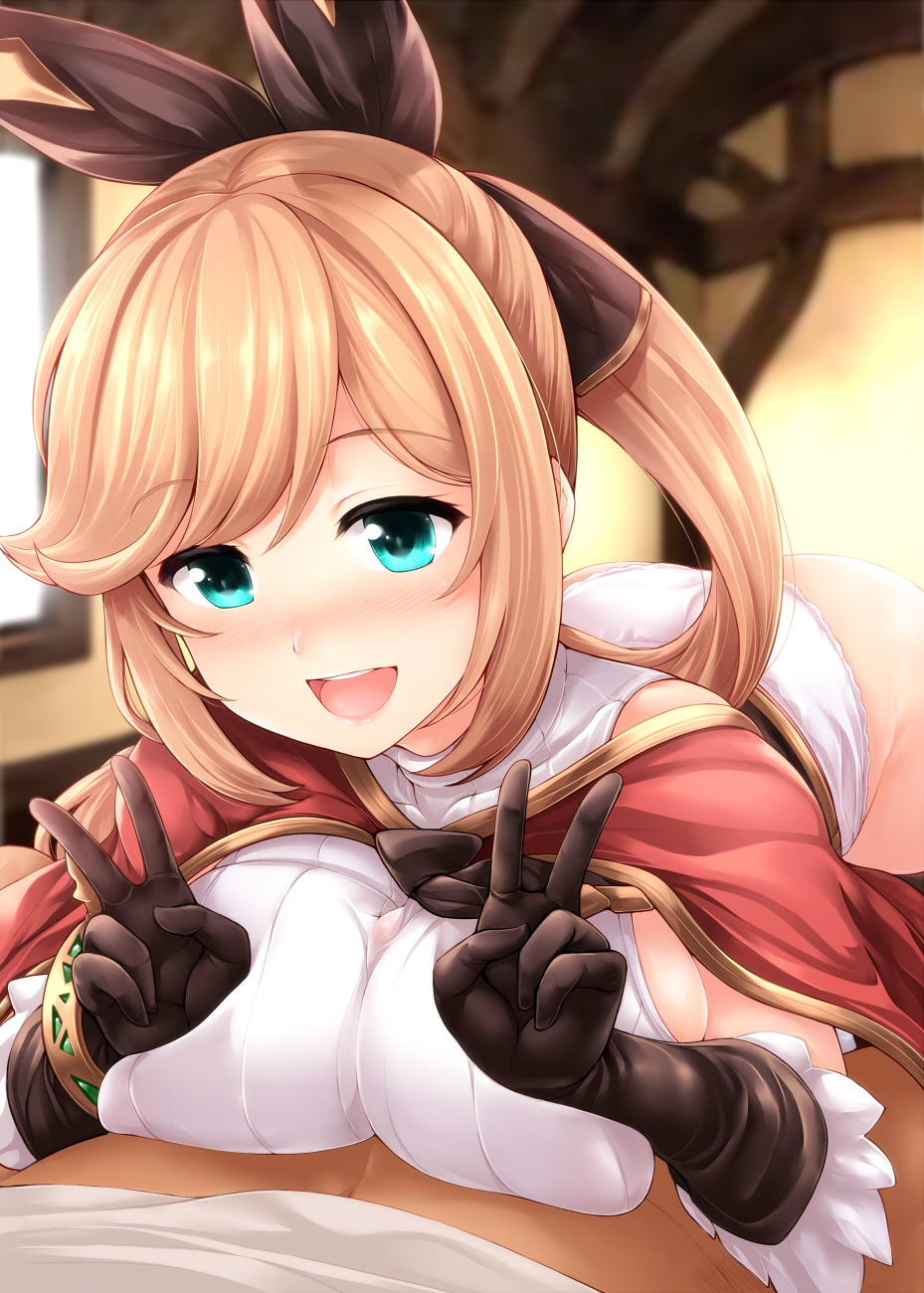 1boy :d aqua_eyes bent_over black_gloves black_legwear blush breasts brown_hair clarisse_(granblue_fantasy) double_v female gloves granblue_fantasy hair_ribbon highres large_breasts long_hair looking_at_viewer male open_mouth paizuri paizuri_under_clothes panties ponytail ribbed_sweater ribbon sleeveless sleeveless_turtleneck smile solo_focus straight sweater thighhighs tied_hair titfuck turtleneck underwear uni8 v white_panties