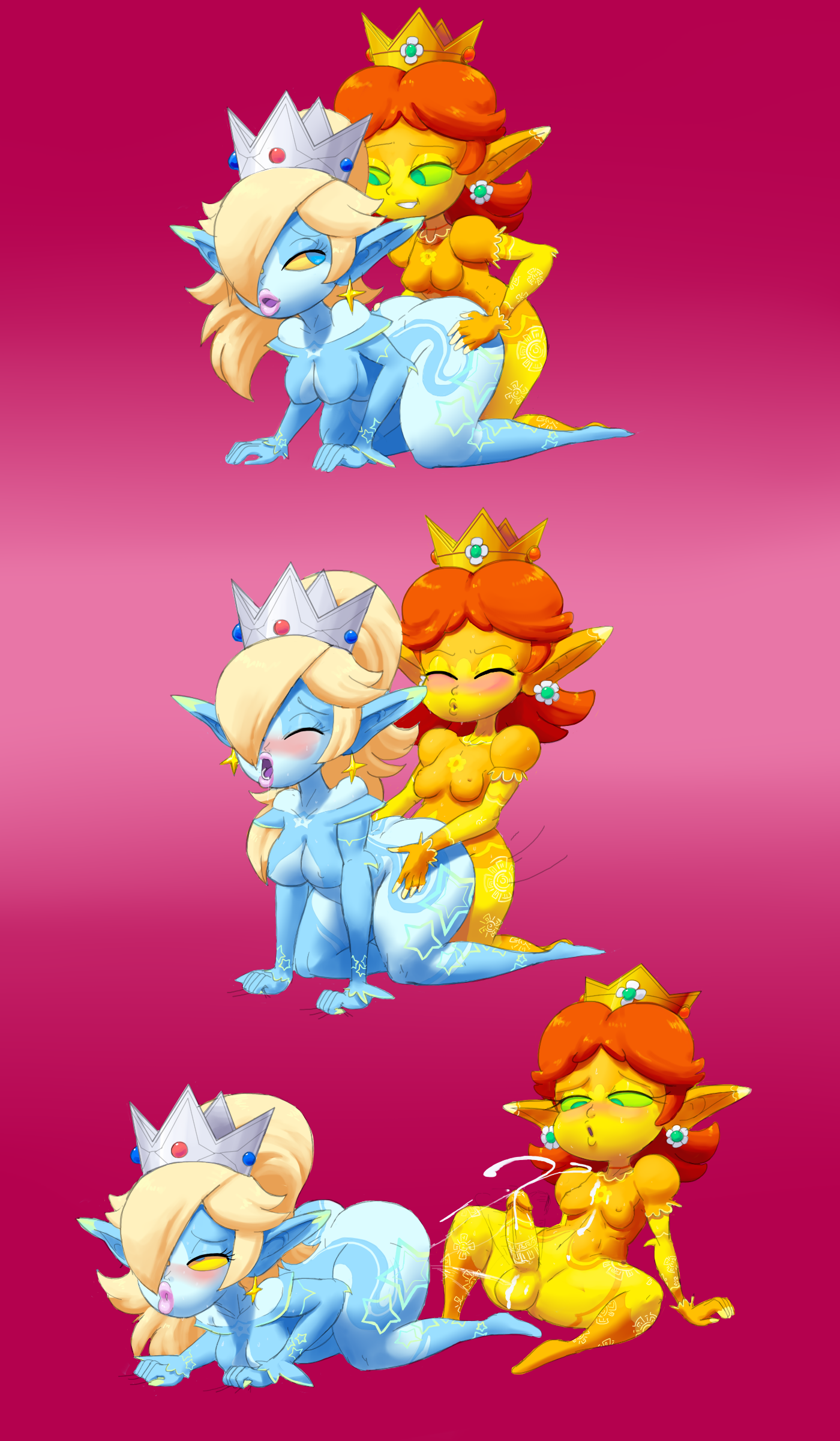 1futa, 1girls, alternate species, ass, ass grab, balls, blonde hair, blush, breasts, brown hair, closed eyes, crown, cum, cum on balls, cum on self, dickgirl, doggy style, ear piercing, female, full body, futanari, green eyes, hair, huge ass, imp, imp daisy, imp rosalina, intersex, lips, lipstick, long hair, looking down, mario (series), medium breasts, nintendo, nipples, outta sync, penis, piercing, princess daisy, princess rosalina, sex, shortstack, simple background, small breasts, smile, the legend of zelda, thick thighs, video games, voluptuous