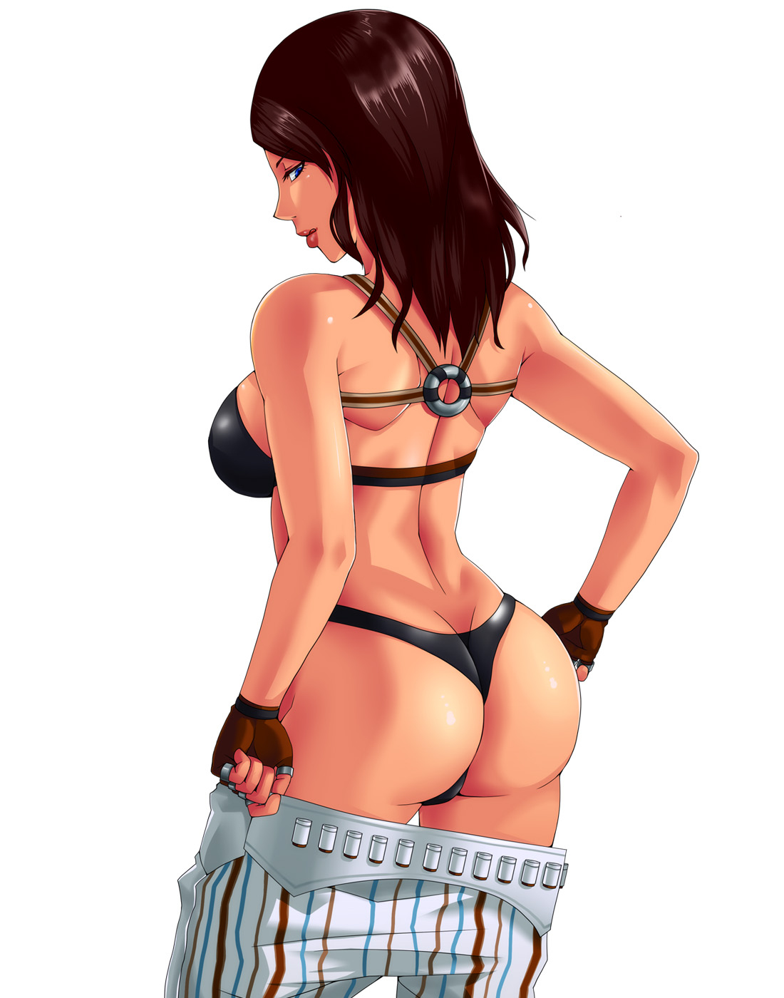 :q, ass, ass cleavage, ass crack, back, bare shoulders, blue eyes, bra, brazilian, brazilian female, breasts, brown hair, butt crack, come hither, female, fingerless gloves, from behind, gloves, katarina alves, kiriman, large breasts, lips, lipstick, long hair, looking back, namco, naughty face, panties, pants, pants down, seductive smile, shiny, shiny skin, simple background, smile, solo, tekken, tekken 7, undressing
