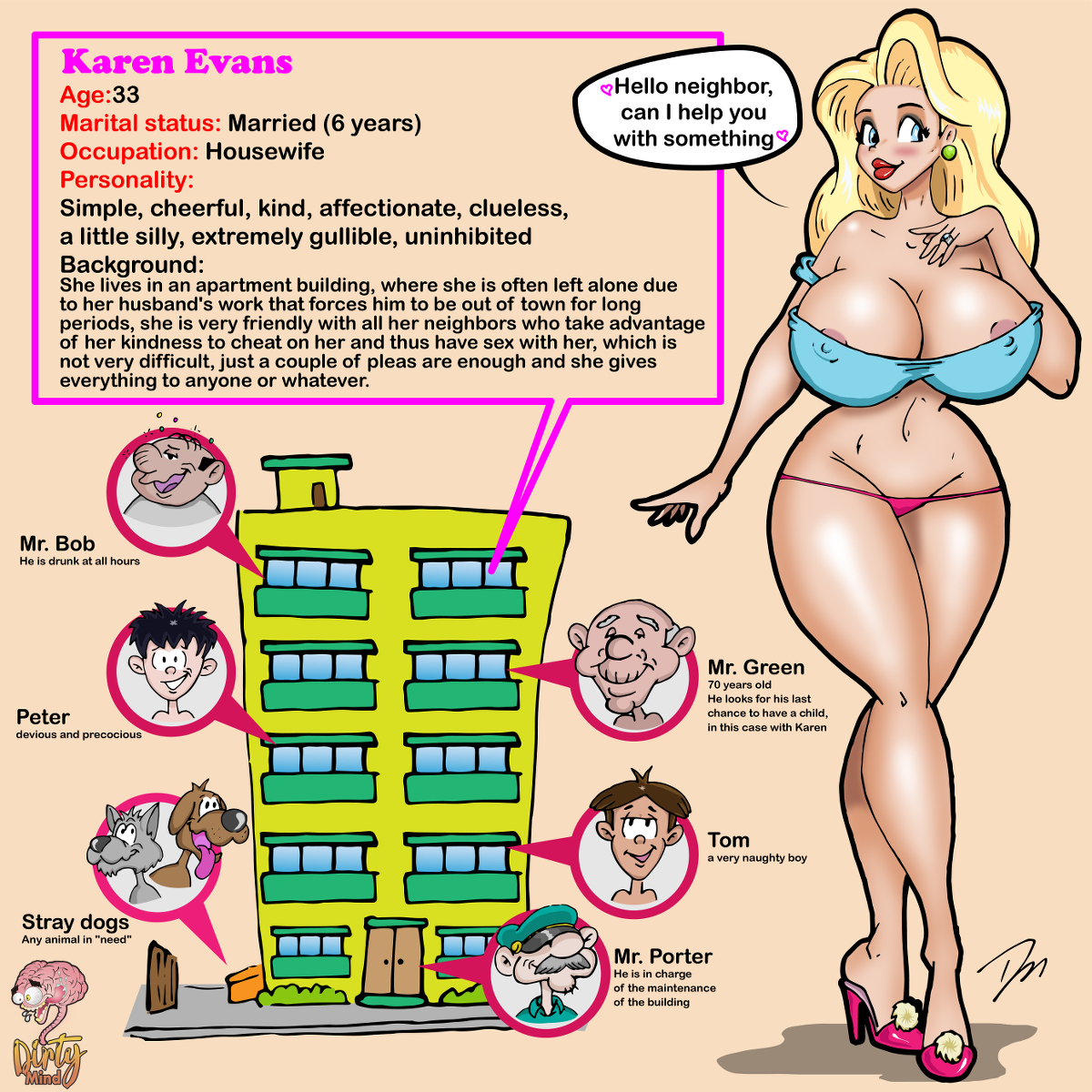 1girls, areola slip, areolae, artist logo, artist signature, blonde hair, breasts, cheating, cheating wife, cleavage, dirtymind, earrings, english text, female, high heels, huge breasts, karen evans, large breasts, married woman, panties, text, wedding ring