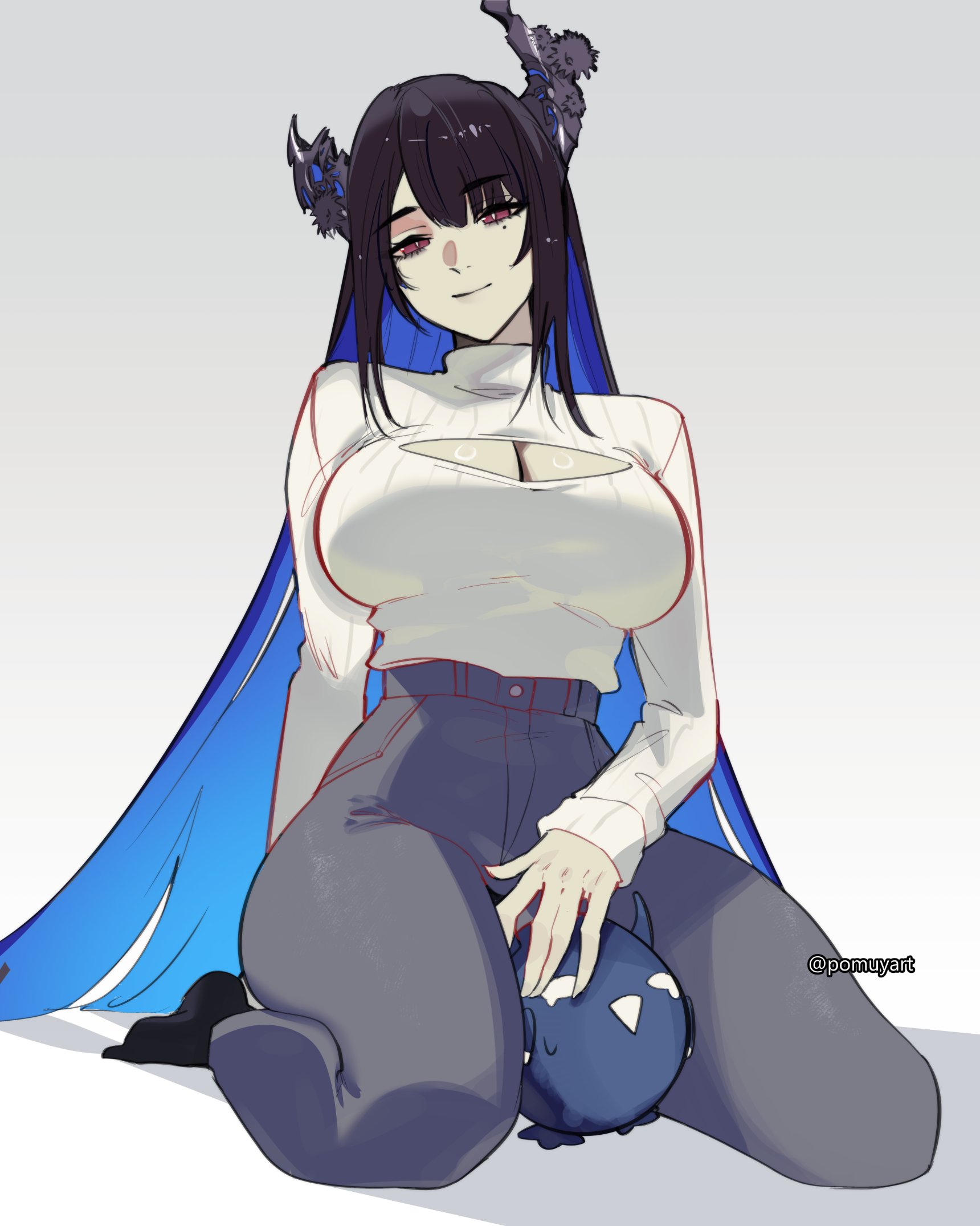 alternate costume, asymmetrical horns, black hair, black horns, black socks, blue hair, breasts, cleavage cutout, closed mouth, clothing cutout, colored inner hair, fan mascot (vtuber), female, grey background, grey pants, highres, hololive, hololive english, hololive english -advent-, horns, huge breasts, jailbird (nerissa ravencroft), long hair, looking at viewer, mole, mole under eye, multicolored hair, nerissa ravencroft, pants, pomuya, red eyes, seiza, simple background, sitting, socks, sweater, sweater tucked in, turtleneck, turtleneck sweater, twitter username, very long hair, virtual youtuber, white sweater