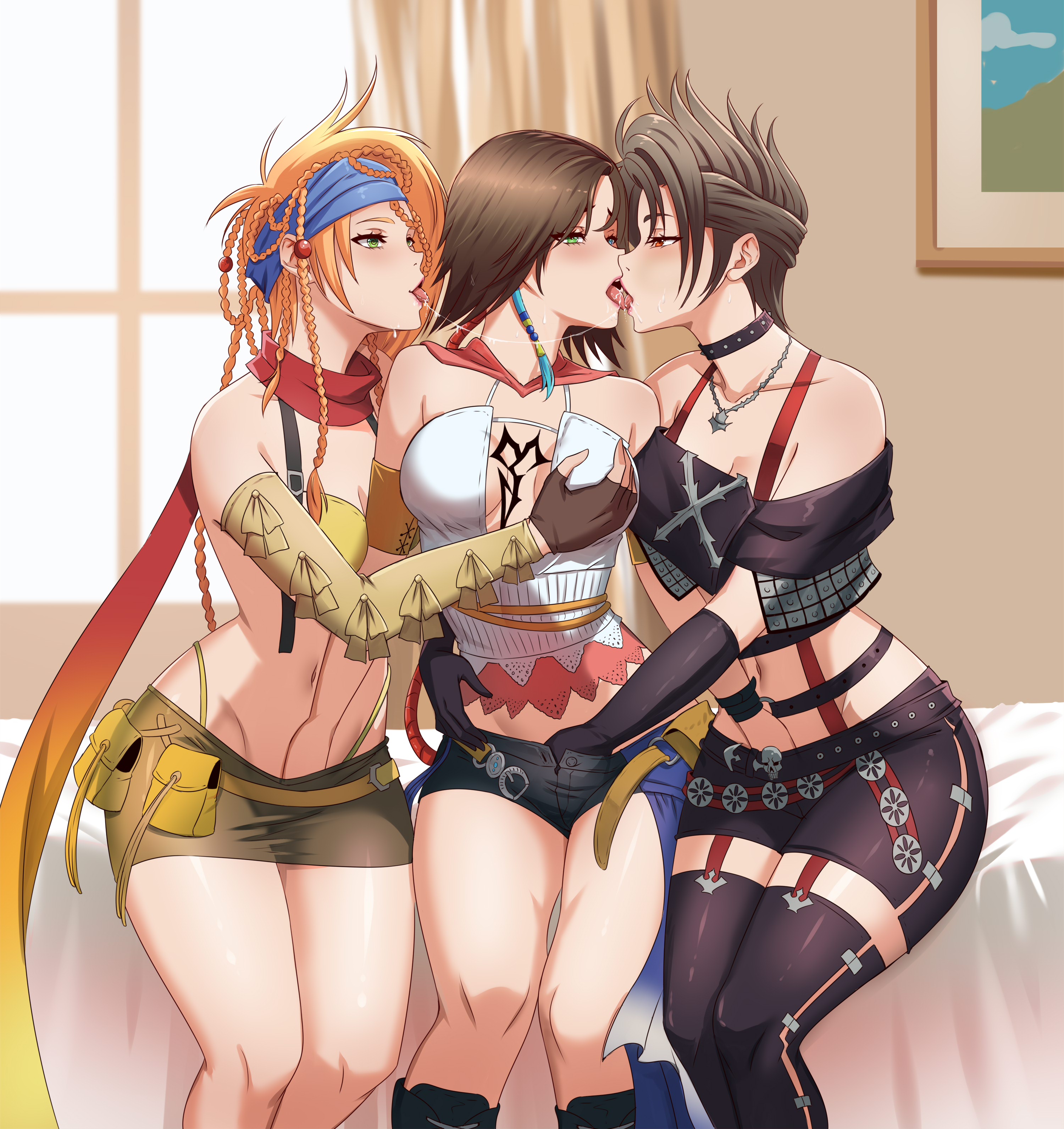 3girls, arm around waist, black hair, black-haired female, blonde hair, blonde-haired female, brown hair, brown-haired female, eyes open, female, final fantasy, final fantasy x-2, fingering, fingering under clothes, groping, kissing, leofoxart, paine, rikku, saliva, saliva string, tongue kiss, tongue out, yuna, yuna (gunner), yuri