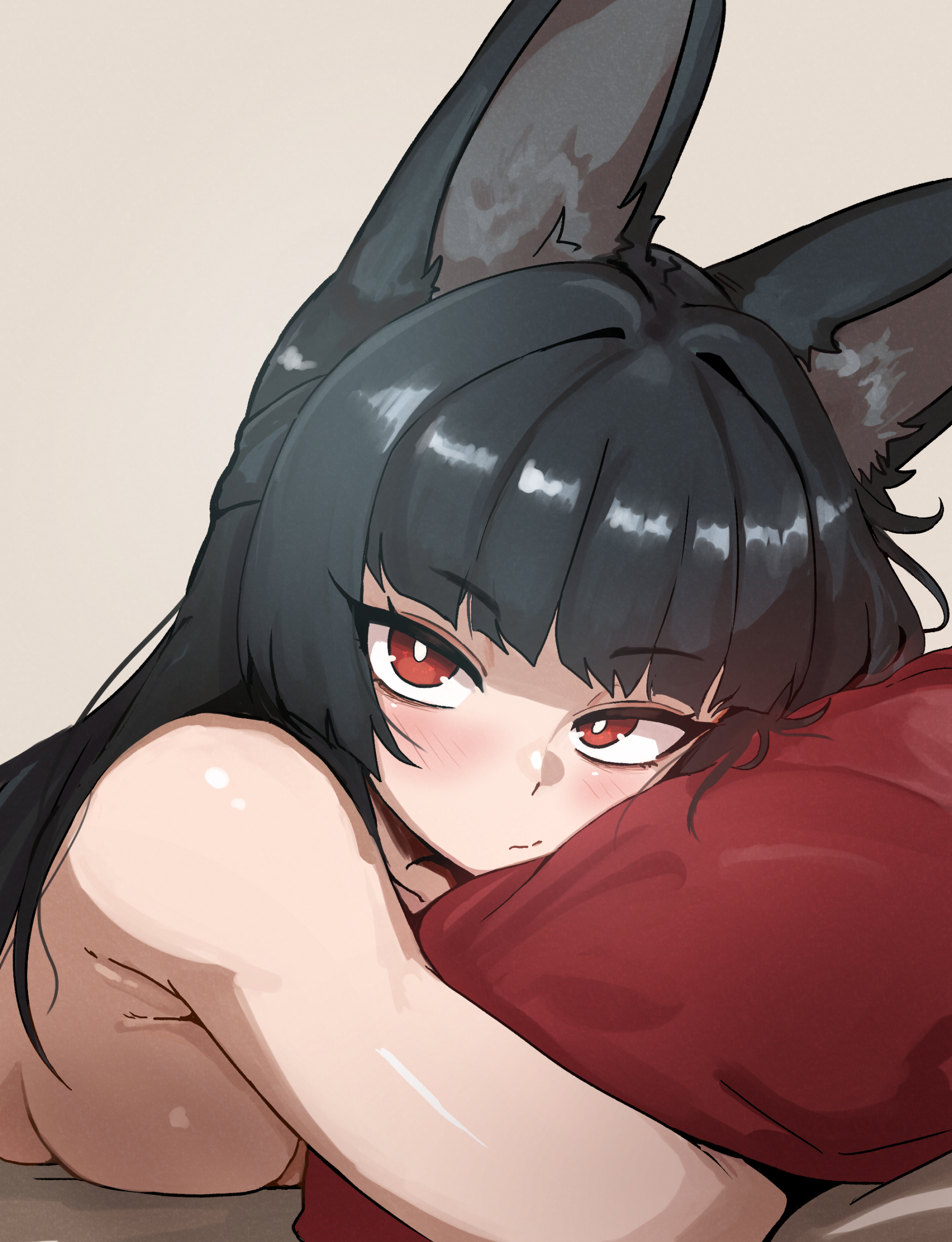 animal ear fluff, animal ears, black hair, blunt bangs, blush, closed mouth, female, fox ears, fox girl, highres, hoshimi miyabi, kure (otakami999), long hair, looking at viewer, lying, pillow, red eyes, sidelocks, simple background, solo, topless female, upper body, zenless zone zero