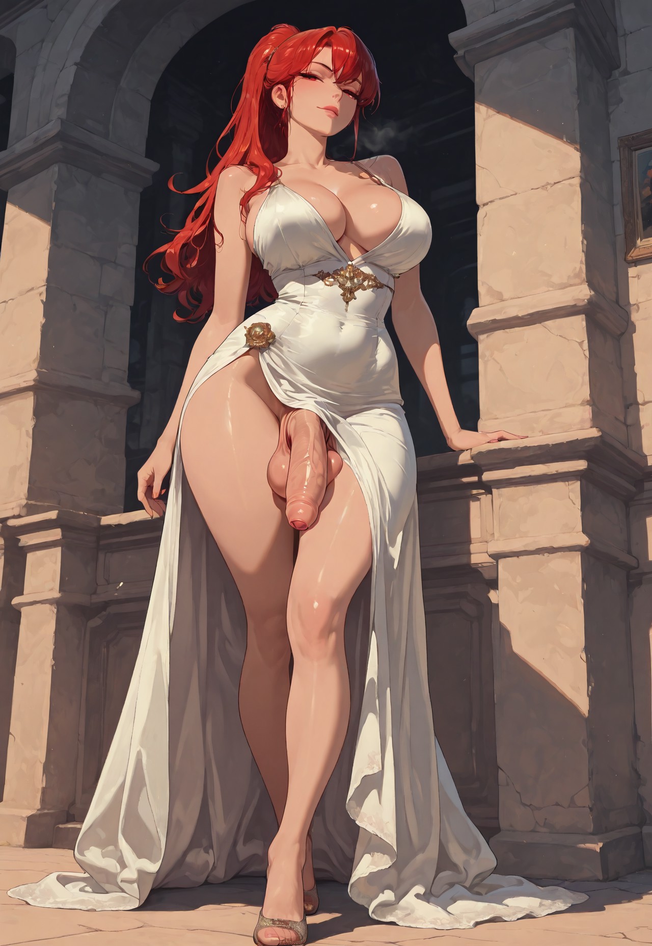 1futa, abs, ai generated, balls, big penis, bottomless, breasts, cleavage, covered abs, dress, evening lady (jamesbron), flaccid, foreskin, full body, futa only, futanari, intersex, jamesbron, large breasted futa, large breasts, large penis, long dress, long hair, looking at viewer, no panties, penis, ponytail, realistic breast size, realistic penis size, red eyes, red hair, redhead, redheaded futa, soft but long and thick, solo, solo futa, thick thighs, thighs, uncircumcised, wide hips