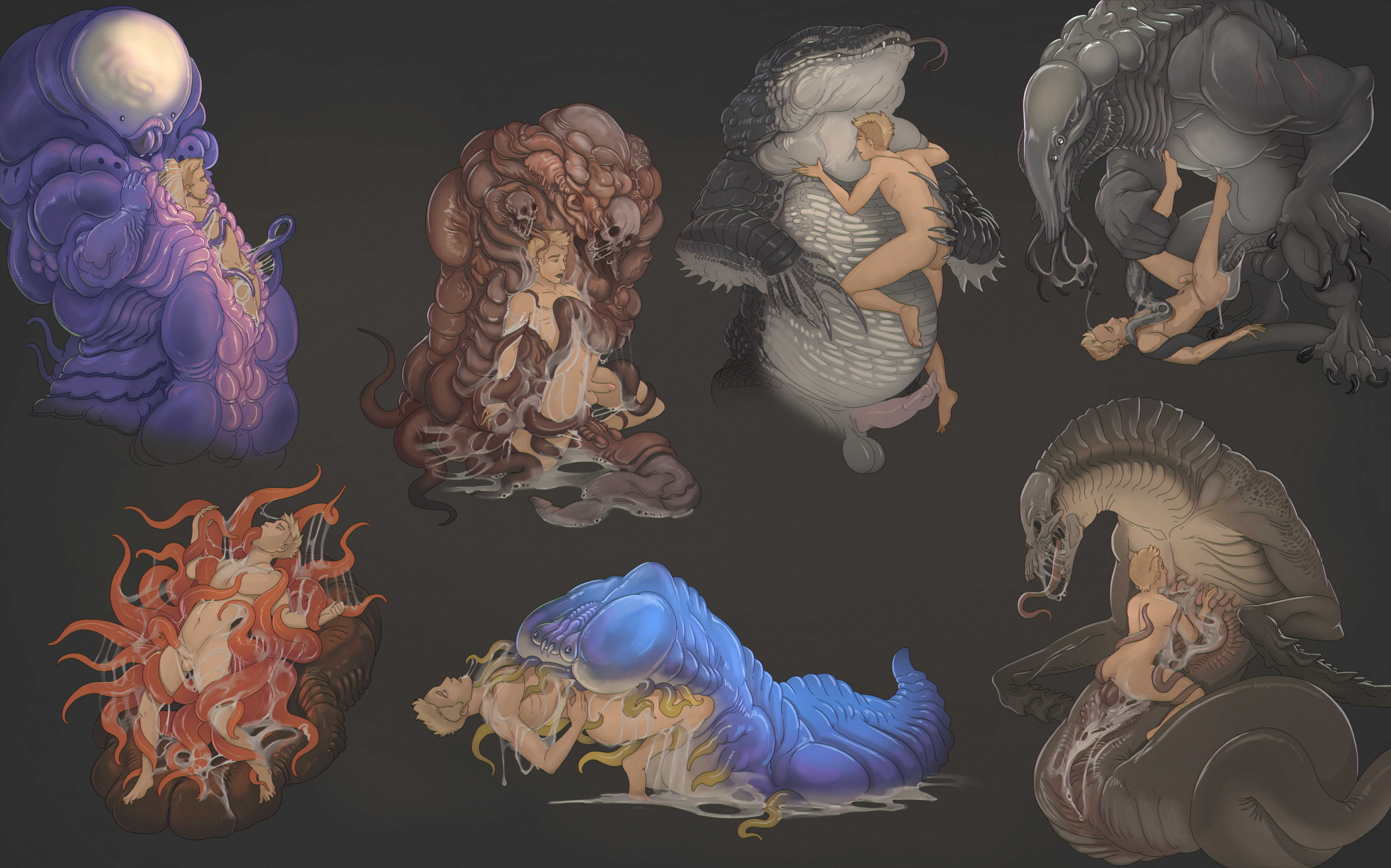 2025, alien, alien genitalia, alien penis, amorphous, antennae (anatomy), big penis, blonde hair, blonde male, bodily fluids, cillia, claws, creature, creepy gun, eldritch horror, envelope, erection, face in chest, fangs, fellatio, giant insect, group, horror, human, human on male, insectophilia, insects, light skin, light-skinned male, lizard, long penis, long tongue, male, mandibles, mohawk, monster, monster on male, monster penetrating, monster penetrating human, monsterfucker, monsterfucking, muscular, muscular male, nude, nude male, overweight, overweight male, penis, penis in tentacle, protrusions, reptile, reptile humanoid, ridged penis, saliva, saliva drip, saliva on penis, saliva string, saliva trail, simple background, skull, slime, slobber, sloppy, slug, smaller male, smaller penetrated, smothering, spikes (anatomy), squish, sucking penis, tentacle, tentacle fellatio, tentacle in mouth, tentacle penetration, tentacle penis, tentacle sex, tentacles on male, teratophilia, unusual anatomy, unusual genitalia, veiny body, veiny penis, wet and messy, worm, xenophilia