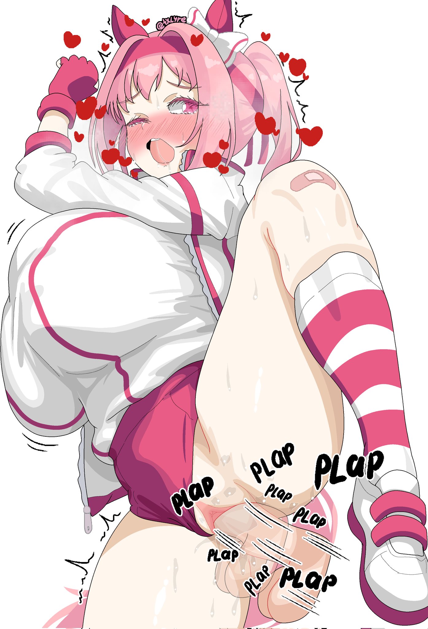 aged up, animal ears, artist name, bandaid, bandaid on knee, bandaid on leg, blush, breasts, buruma, disembodied penis, ear covers, female, fingerless gloves, gloves, haru urara (bestest prize) (umamusume), haru urara (umamusume), headband, highres, horse ears, horse girl, huge breasts, jacket, long sleeves, male, motion lines, one eye closed, open mouth, penis, pink eyes, pink hair, pink headband, pussy, red buruma, red gloves, red socks, sex, simple background, socks, solo focus, striped clothes, striped socks, track jacket, twintails, txlyre, umamusume, vaginal penetration, white background, white socks