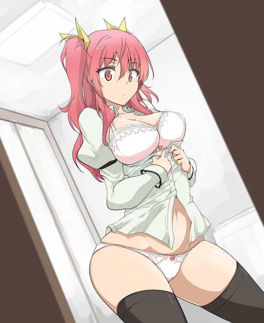 big breasts, black thighhighs, breasts, dutch angle, female, pink hair, rakudai kishi no cavalry, red eyes, stella vermillion, thick thighs, undressing, white shirt, wide hips, yellow ribbon