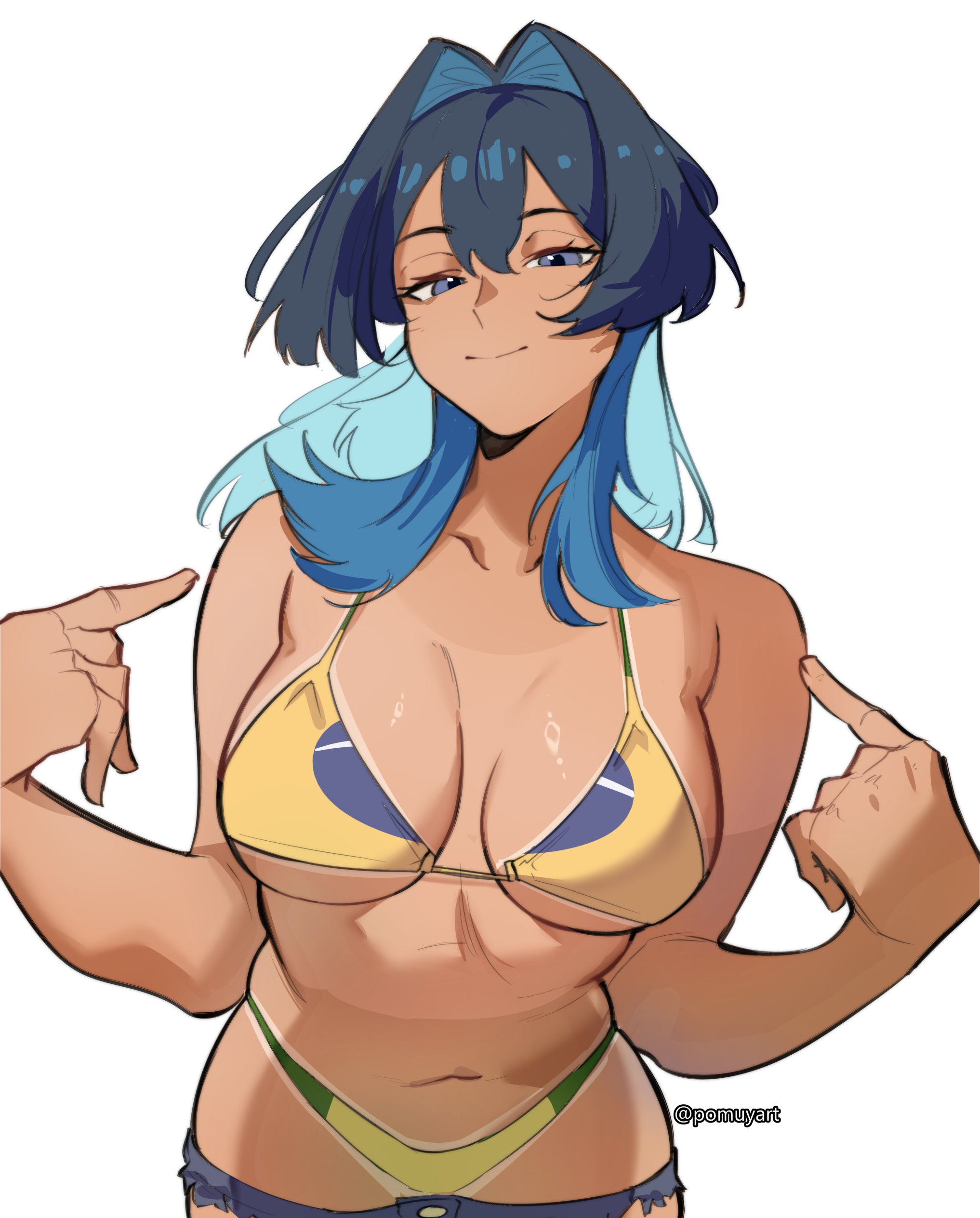 absurdres, bikini, black hair, blue eyes, blue hair, brazilian flag bikini, breasts, closed mouth, colored inner hair, female, flag print, flag print bikini, highres, hololive, hololive english, hololive english -council-, hololive english -promise-, large breasts, multicolored hair, navel, ouro kronii, pointing, pointing at self, pomuya, print bikini, simple background, solo, swimsuit, tan, tanline, twitter username, virtual youtuber, white background