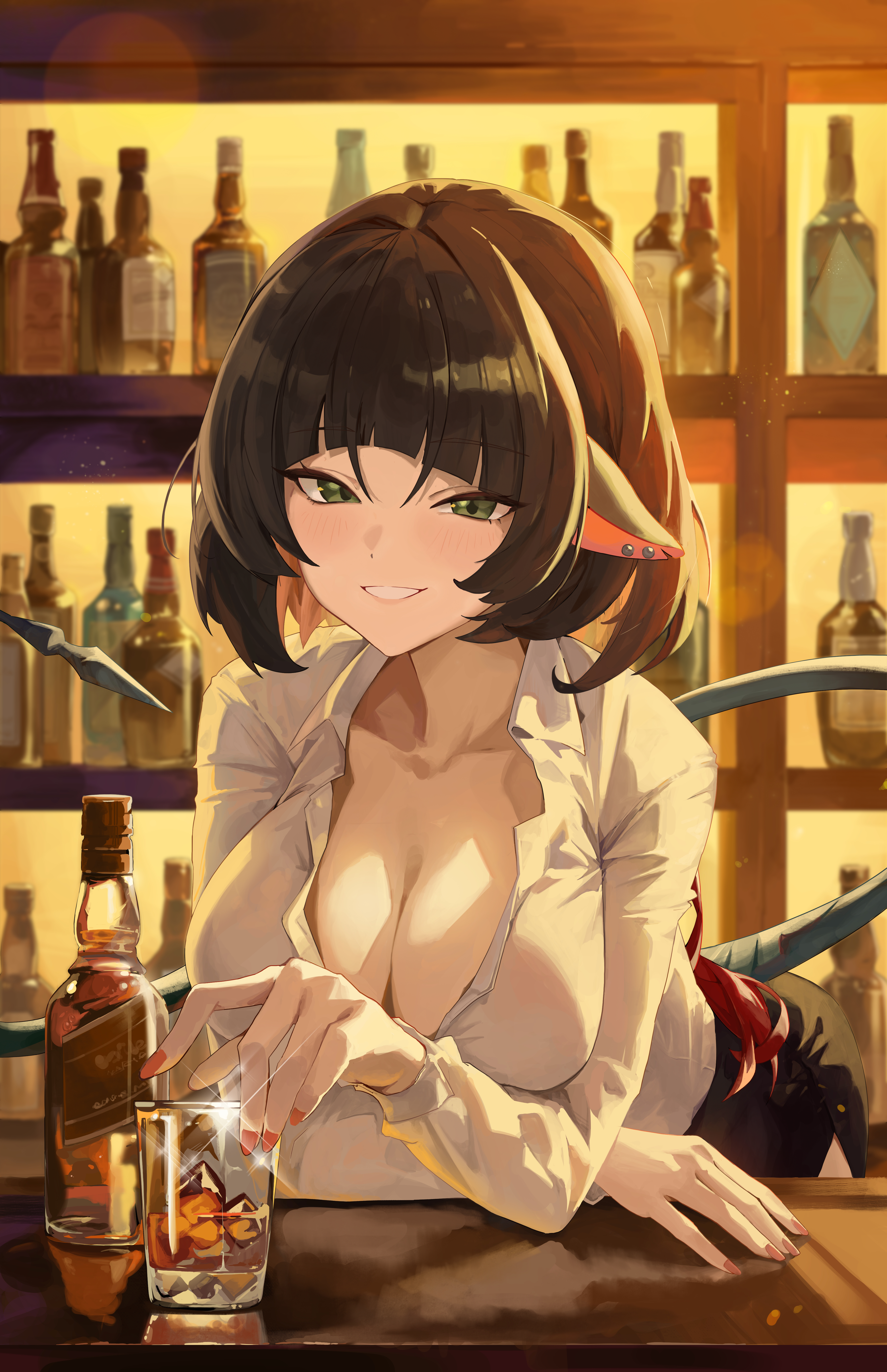 1girls, absurdres, alcohol, alternate costume, animal ears, bar (place), beer bottle, black hair, black skirt, blush, breasts, center opening, chowol, clenched teeth, counter, cup, drinking glass, female, glass, green eyes, highres, indoors, jane doe (zenless zone zero), large breasts, leaning forward, looking at viewer, mouse ears, mouse tail, sharp tail, shelf, shirt, short hair, skirt, smile, solo, tail, teeth, whiskey, white shirt, zenless zone zero
