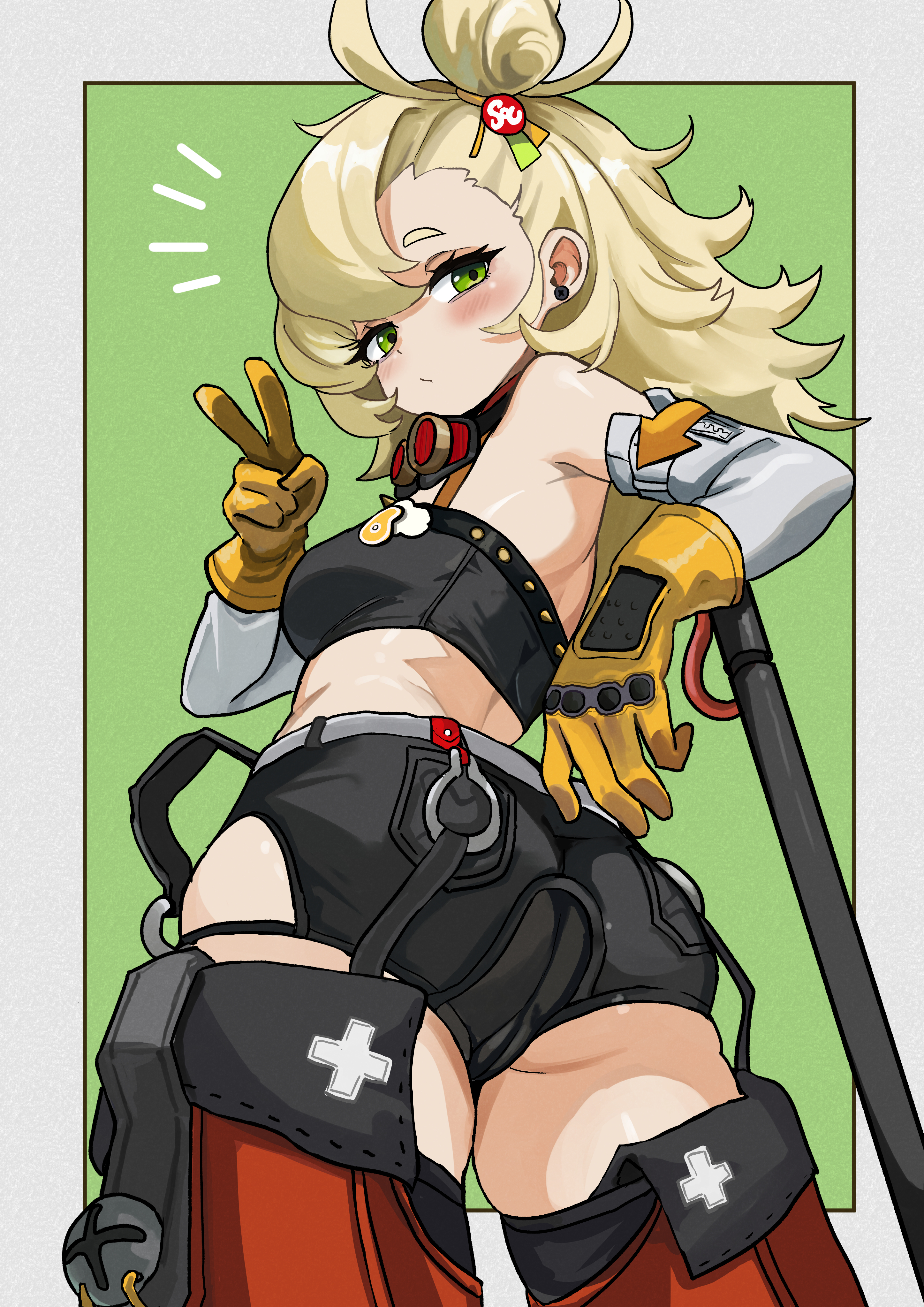 absurdres, arm rest, ass, black shorts, black tube top, blonde hair, blush, closed mouth, female, gloves, green eyes, highres, kure (otakami999), long hair, looking at viewer, piper wheel, short shorts, shorts, solo, strapless, tube top, v, yellow gloves, zenless zone zero