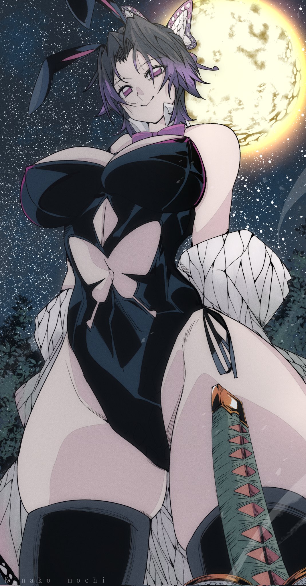 bunny ears, bunnysuit, butterfly hair ornament, demon slayer, female, female focus, from below view, haori, high heels, kimetsu no yaiba, kochou shinobu, night sky, omochi db, purple eyes, two-tone hair