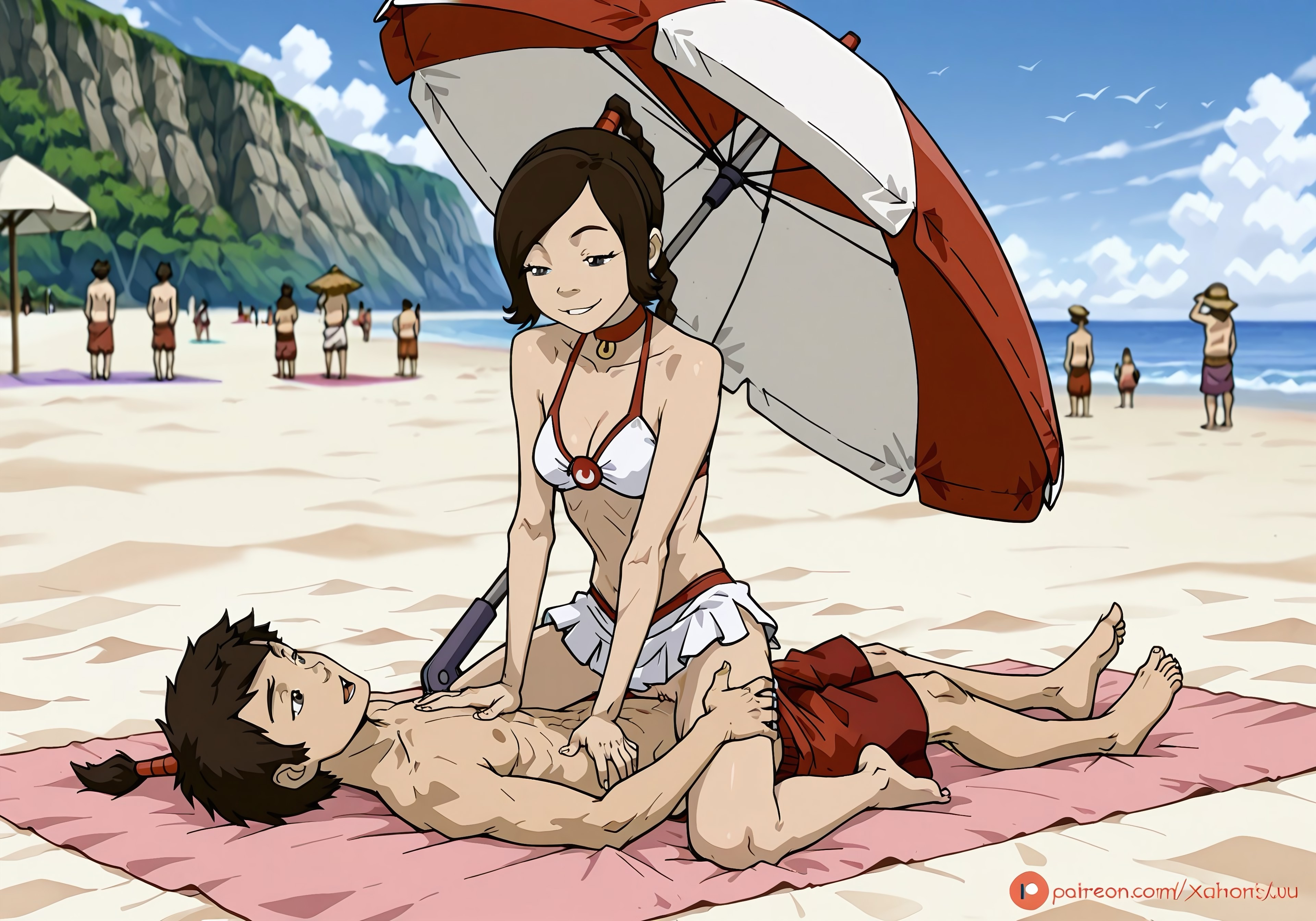 1girls, ai generated, avatar the last airbender, beach, bikini, bikini top, brown eyes, brown hair, female, male, nickelodeon, petite body, public, pussy, sarong, sex, straddling, ty lee, vagina