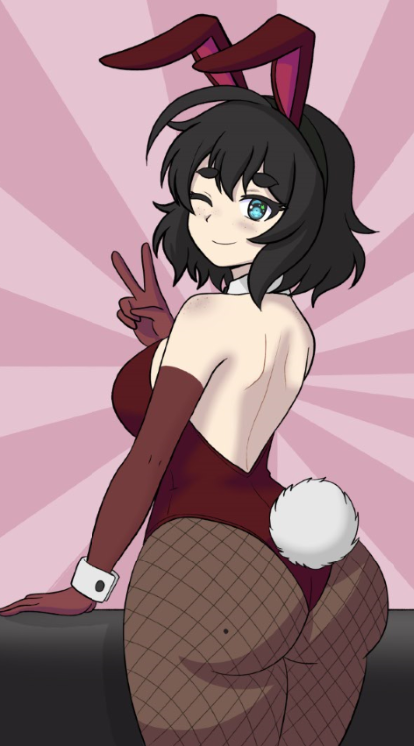 alxdraws, ass, bunnysuit, claire (alxarts), female, looking at viewer, looking back, solo, tagme