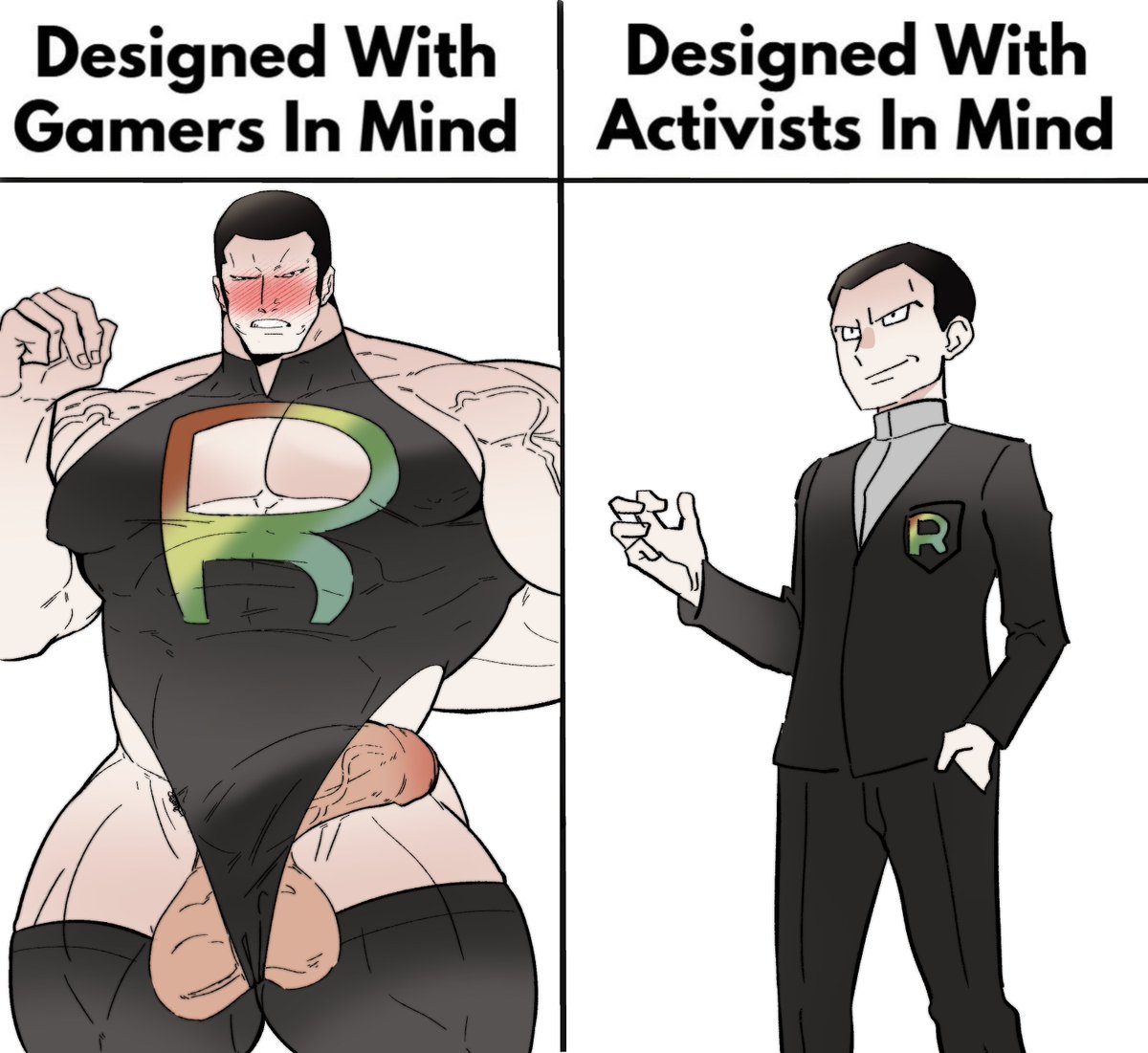 bara, bara tiddies, bara tits, barazokuworks, big pecs, breasts, designed with gamers in mind, gay, giovanni (pokemon), male, male only, meme, muscular, muscular male, pokemon, tight clothing, tit window, yaoi