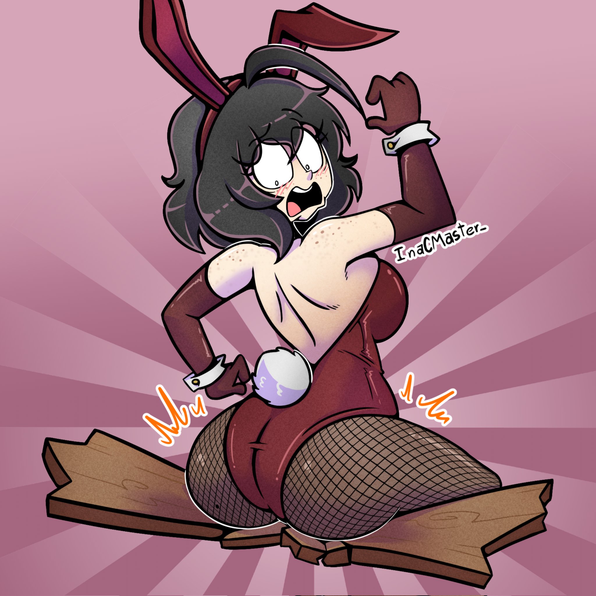 alxdraws, ass, bunnysuit, claire (alxarts), female, inacmaster, looking back, sitting, solo, tagme