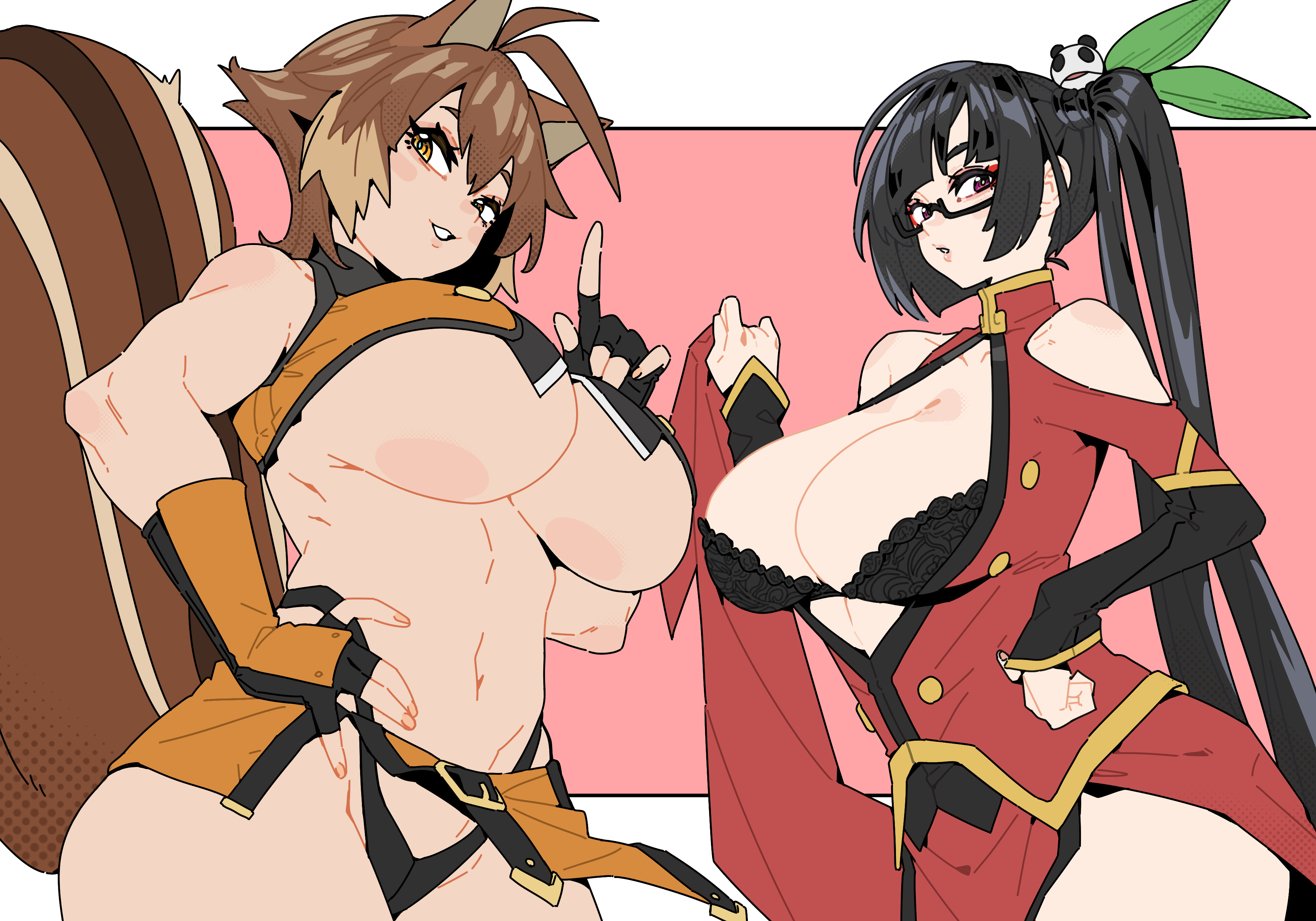 2girls, absurdres, animal ears, bare shoulders, black bra, black gloves, black hair, black-framed eyewear, blazblue, bra, breasts, brown hair, cleavage, clothing cutout, commentary, english commentary, fingerless gloves, fingernails, glasses, gloves, groin, hair ornament, hand on own hip, highres, large breasts, litchi faye ling, long hair, makai, makoto nanaya, multiple girls, panda hair ornament, pink background, red eyes, short hair, shoulder cutout, squirrel ears, squirrel girl, squirrel tail, stomach, tail, two-tone background, underboob, underwear, white background, yellow eyes