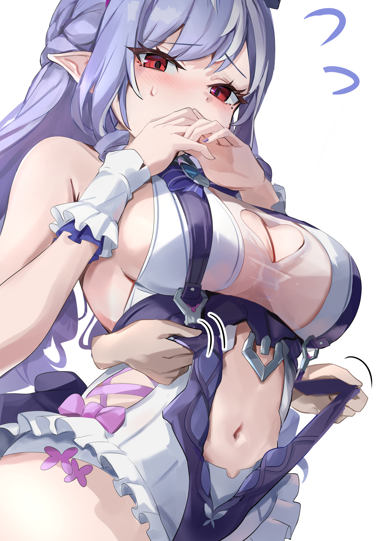 1other, ambiguous gender, blush, breasts, clothes pull, clothing cutout, covering own mouth, disembodied hand, drill hair, female, hands up, heart cutout, highres, large breasts, long hair, mole, mole under eye, navel, one-piece swimsuit, pointy ears, purple hair, red eyes, simple background, solo focus, stomach, stomach cutout, sweatdrop, swimsuit, tomas (kaosu22), vivian (zenless zone zero), vivian banshee, vivian banshee (iris of the shore), white background, white one-piece swimsuit, wrist cuffs, zenless zone zero