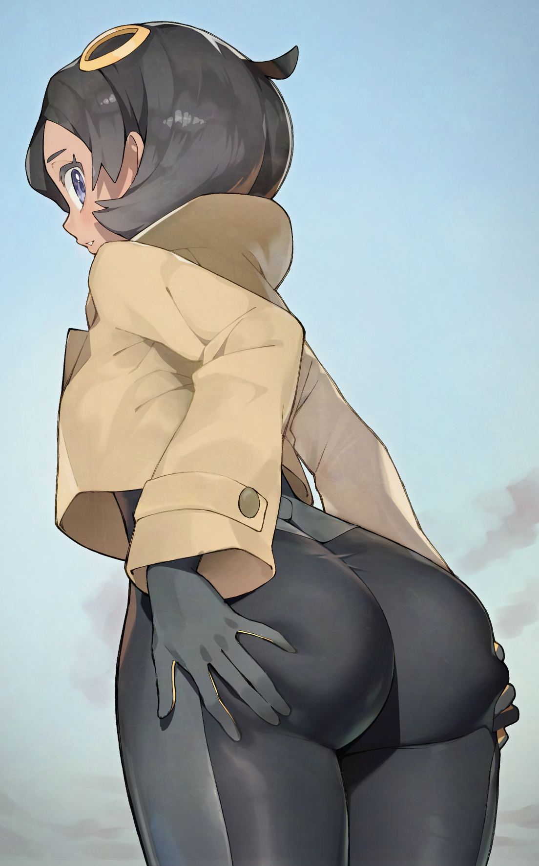 1girls, about to burst, ass, ass too big, barely contained, barely contained ass, barely fits, black bodysuit, black gloves, black hair, blue eyes, bodysuit, bodysuit under clothes, breasts, brown jacket, bursting butt, butt, curvy, dark skin, dark-skinned female, emma (pokemon legends: z-a), emma (pokemon), female, gloves, grabbing own ass, grabbing own butt, hair ornament, highres, huge ass, imminent wardrobe malfunction, jacket, latex, latex bodysuit, long sleeves, looking back, matiere (pokemon legends: z-a), matiere (pokemon), nice ass, nintendo, parted lips, pokemon, pokemon legends: z-a, purple eyes, rindoriko, short hair, solo, straining clothing, tight clothes, tight clothing, tight fit, too tight, undersized clothes, undersized clothing, wide hips