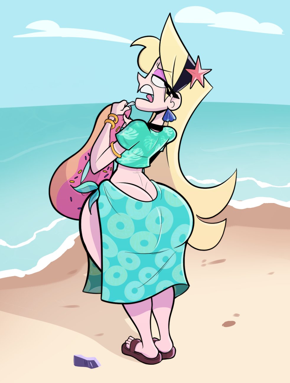1girls, 2d, 2d (artwork), amber (helgatam), ass, ass cleavage, beach, big ass, bikini skirt, blonde female, blonde hair, curvy, curvy female, fat ass, female, floatie, headband, looking back, makeup, pink makeup, skirt, slippers, teal bikini, teal clothing, vaz0v