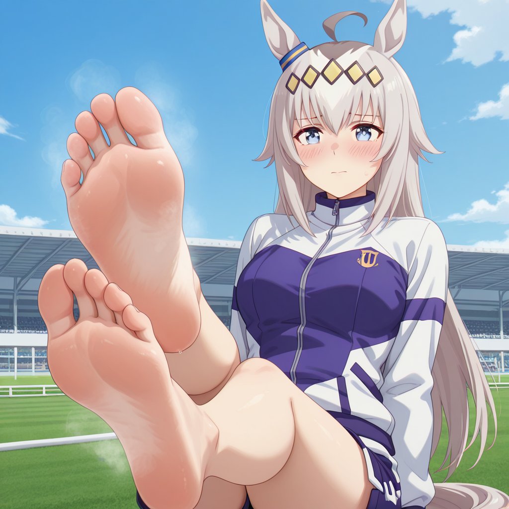 1girls, ai generated, barefoot, blush, breasts, clothed, clothed female, embarrassed, female, foot fetish, horse ears, horse girl, light skin, light-skinned female, long hair, oguri cap (umamusume), outdoors, steam, thighs, umamusume, umamusume pretty derby